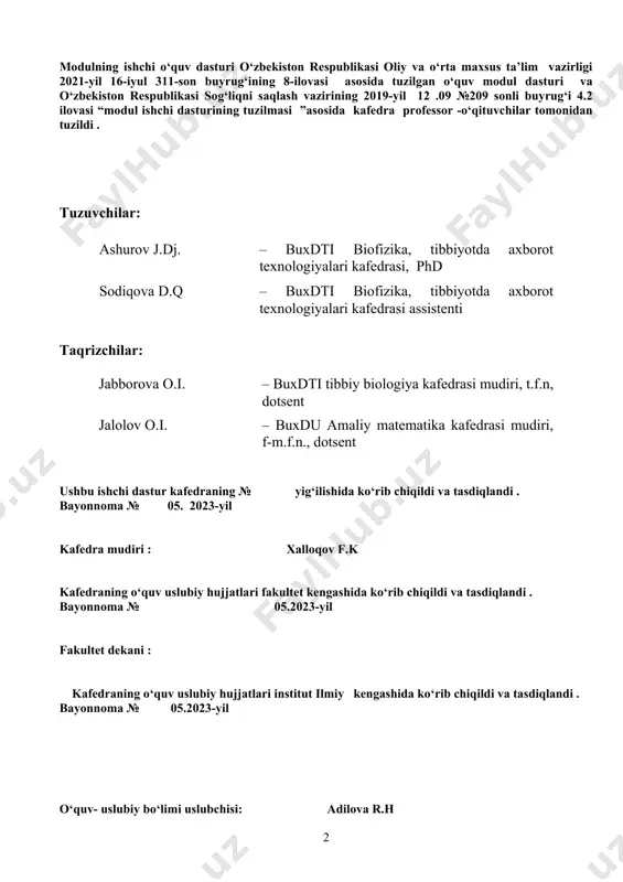 borot texnologiyalardan foydalanish modulining bugungi kunda tibbiyot masalalarini yechishda, hamda davolash va ilmiy - amaliy faoliyatni sifatli darajada olib borishda, axborot texnologiyalaridan toʼgʼri foydalana oladigan kadrlarni tayyorlashda alohida oʼrin tutadi. bakalavrlar zamonaviy kompyuter texnologiyalari yordamida olingan tibbiy - biologik axborotni qayta ishlash, taxlil qilish, ish jarayonini avtomatlashtirish hamda toʼgʼri qaror qabul qila olishi zarur. jumladan, matematik modellashtirish uslublari, internet tarmogʼida, zamonaviy kompyuter texnologiyalari bilan ishlashni bilishi zarur. аxborot texnologiyalarining ahamiyati va rivojlanishini tendentsiyalarini bilishi texnik, dasturiy, tarmoq resurslaridan samarali foydalanish koʼnikmalariga ega boʼlishini talab etadi. 2.1. modulning vazifalari: - tibbiyot sohasida kompyuter texnologiyalaridan foydalanishdagi nazariy va amaliy bilimlarni egallash; - tibbiyotda qoʼllanilayotgan fizik va matematik modellar toʼgʼrisidagi zamonaviy nazariy bilimlarni egallash; -tibbiy statistik maʼlumotlarni toʼgʼri tahlil qila bilish; -tahlil qilingan natijalardan kelib chiqqan holda kasallikning oldini olish yoki davolash yoʼllarini aniqlash; -axborot texnologiyalaridan foydalanish borasida asosiy amaliy koʼnikmalarga ega boʼlish;; -internet tarmogʼida ishlash, axborot qidirish va ulardan foydalanish; - tibbiyot …