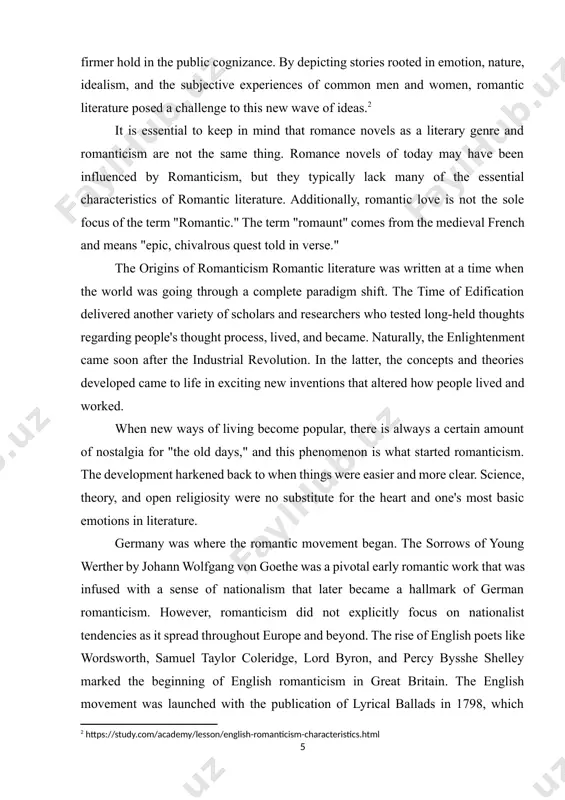 1810s. a subset of romantic literature known as dark romanticism originated in germany as well. these works include components of the ghastly, odd, or satanic. they are similar to gothic literature, but unlike gothic works, which tend to focus more on horror, dark romanticism's scarier aspects do not overshadow romantic traits. e.t.a. hoffmann, edgar allan poe, and nathaniel hawthorne are among the dark romantic authors.[footnoteref:3] [3: http://ocw.uv.es/arts-and-humanities/1/unit1_shortstory_.pdf short story usa eusebio v. llácer llorca curso 2009-2010.] the ideals of american romanticism and english romanticism were generally the same: individualism; a life that is full of emotion and alone; the natural splendor; and moral decency. in 1818, william cullen bryant wrote the poem "to a waterfowl," which became one of the first well-known romantic works in america. emily dickinson, james fenimore cooper, and washington irving were among the subsequent romantic american authors. the six elements of romanticism the majority of romantic …