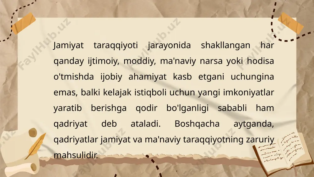 erak. zero, bugun yoshlarimiz qanday qadriyatlar sari intilmoqda, qanday orzu-niyat va o'y-hayollar bilan yashamoqda, biz bunga loqayd va befarq qaramasligimiz kerak. ota-ona, ustoz-murabbiy, etakchi-rahbar sifatida bu jarayonni chetdan turib kuzatishga haqqimiz yo'q"5 bugungi kunda farzanlarimizning ma'naviy olamini yuksaltirish, ularni milliy va umuminsoniy qadriyatlar ruhida tarbiyalash masalasi biz uchun eng dolzarb vazifa bo'lib qolmoqda yoshlarda ma’naviy-axloqiy qadriyatlarni shakllantirish kelajakda mamlakatni inson shaxsi va erkinligi hurmat qilinadigan yuqori darajadagi imkoniyatlarni taqdim etuvchi jamiyat sifatida rivojlantirishda muhim ahamiyat kasb etadi. bunday jamiyatda insonning sha’ni, qadr-qimmati ulug’lanadi, yuksak ma’naviy qadriyatlar, axloqiy me’yorlar ustuvor hisoblanadi. yoshlarda umuminsoniy qdriyatlarga munosabatini to’g’ri shakllantirish oila, maktab, jamoada, umuman ta’lim-tarbiyani to’g’ri yo’lga qo’yish bilan belgilanadi. muammolarni bartaraf etish uchun quyidagi yo‘nalishlarda ish olib borish lozim: milliy qadriyatlarni zamonaviy formatda targ‘ib qilish : madaniy tadbirlar, zamonaviy filmlar, ijtimoiy media kontenti orqali milliy qadriyatlarni yoshlar uchun qiziqarli va qulay shaklda targ‘ib etish zarur. 2. ta’lim tizimini takomillashtirish : milliy va umuminsoniy …