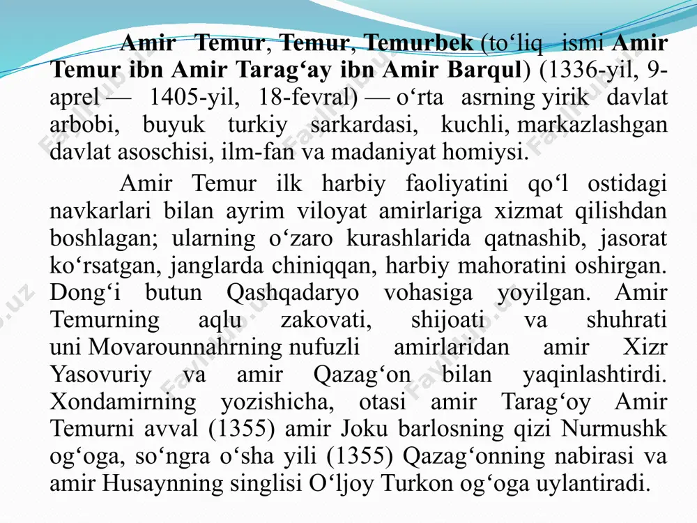 elgilasinlar”; “sayidlar, ulamo, mashoyix, fuzalo, ulugʻlarni aziz tutsinlar”, degan vazifani qoʻyganligi “temur tuzuklari”da ham aks etgan. sohibqironning bu topshirigʻi tabiiyki butun saltanat doirasida ijro etilgan. “musulmonlarga diniy masalalardan taʼlim berib, shariat aqidalari va islom dini ilmlaridan tafsir, hadis, fiqhdan dars bersinlar deb, har bir shaharga olimlar va mudarrislar tayin qildim”; “sayidlar, ulamo, mashoyix, oqilu donolar, muhaddislar, tarixchilarni sara, eʼtiborli odamlar hisoblab, izzatu hurmatlarini oʻrniga qoʻydim”, deya taʼkidlaydi sohibqiron oʻz tuzuklarida. amir temur buyrugʻi bilan madrasalarda diniy ilmlar (tafsir, hadisshunoslik, fiqh va boshqalar) bilan bir qatorda dunyoviy ilmlar (handasa, aljabr\algebra, riyozat\matematika, mantiq, astronomiya\ilmi nujum, adabiyot, tarix, xattotlik va boshqalar) oʻqitilishi keng yoʻlga qoʻyildi. mamlakatda olib borilayotgan keng koʻlamli bunyodkorlik ishlari aniq fanlarni, xususan riyoziyot (matematika), handasa (geometriya), meʼmorchilik, muhandislik boʻyicha oliy darajali mutaxassislarga katta ehtiyojni yuzaga keltirdi. turon mamlakatidagi oliy taʼlim dargohlari boʻlgan madrasalar amir temur va temuriylar davrida yirik ilmiy markazlar, maʼrifat oʻchoqlari vazifasini sharaf bilan bajardi. shaharlardagi har bir …