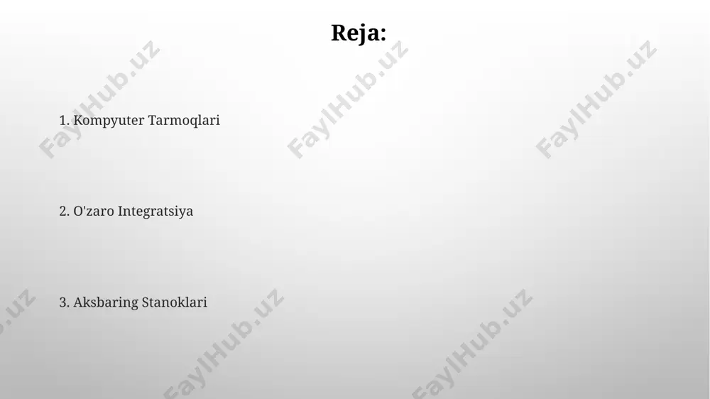 ntellekt yordamida 300 dan ortiq turdagi ishlov berish jarayonlarini avtomatlashtirish va optimal rejalashtirish mumkin, bu esa ish unumdorligini 15% ga oshiradi. katta ma'lumotlar tahlili katta ma'lumotlar tahlili, o'rtacha 1 petabayt (10 15 bayt) dan ortiq ma'lumotlarni qayta ishlash va tahlil qilish imkonini beradi, bu esa murakkab muammolarni hal qilishga yordam beradi. mashinsozlikda katta ma'lumotlar tahlili yordamida 90% gacha aniqlik bilan mahsulot sifatini prognoz qilish va 5% gacha ishlab chiqarish xarajatlarini kamaytirish mumkin. xulosa va tavsiyalar ishlab chiqarish jarayonini optimallashtirish maqsadida, kamida 5 ta axlebaring mashinasini bitta tarmoqqa birlashtirib, markazlashtirilgan monitoring tizimini yaratish samaradorlikni 15% ga oshirishi mumkin. zamonaviy axlebaring mashinalarida 20 dan ortiq sensorlardan olingan ma’lumotlarni real vaqtda qayta ishlash uchun yuqori tezlikli ethernet tarmoqlari samarali echim hisoblanadi. zamonaviy aksbaring stanoklari zamonaviy aksbaring stanoklarida cnc (computer numerical control) tizimlari qoʻllanilib, 0,01 mm gacha aniqlikda ishlov berish imkonini beradi va ishlab chiqarish samaradorligini 30% ga oshiradi. yuqori tezlikli po'latdan yasalgan zamonaviy …