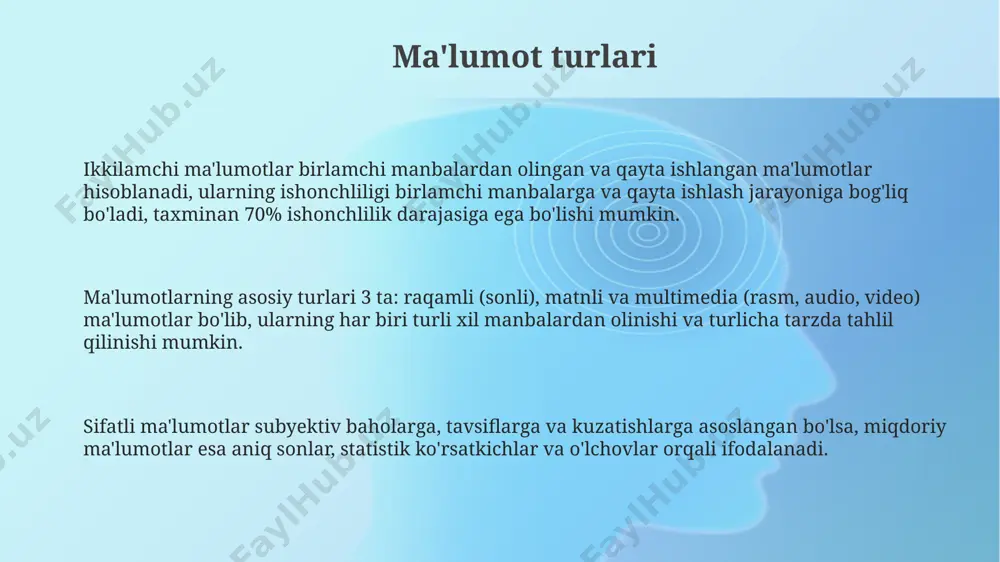 tekshiring: manbaning avtoriteti, chop etilgan yili va boshqa manbalar bilan mos kelishini tekshirish orqali 5 dan ortiq manbadan ma’lumot olish tavsiya etiladi. turli nuqtai nazarlarni solishtiring: kamida 3 ta turli manbadan ma’lumot to‘plash va ularni solishtirish orqali faktlarning to‘liq va xolis tasvirini yarating, ziddiyatlarni aniqlang. raqamlar va statistikaga e’tibor bering: taqdim etilgan statistik ma’lumotlarning manbasini va hisoblash usullarini tekshirib, ularning aniqligi va ishonchliligini 3 bosqichli tahlil orqali aniqlang. noto'g'ri ma'lumotlarning turlari noaniq ma'lumotlarning bir turi – bu manba ko'rsatilmagan yoki ishonchsiz manbaga tayangan ma'lumotlar bo'lib, ularning ishonchlilik darajasi juda past. noto'g'ri ma'lumotlarning 30% dan ortig'i, intensional ravishda tarqatiladigan yolg'on yoki adashtiruvchi ma'lumotlar – dezinformatsiya hisoblanadi, bu esa jamoatchilik fikriga salbiy ta'sir ko'rsatishi mumkin. taxminan 10% noto'g'ri ma'lumotlar bilmasdan tarqatiladi, ya'ni manba o'zi ham ma'lumotning noto'g'ri ekanligini bilmaydi, lekin uning tekshirilmaganligini inobatga olmaydi. ma'lumotlarning ishonchliligi ma'lumotlarning ishonchliligini baholashda, ma'lumot manbasining obro'si va tasdiqlovchi dalillar soni (kamida 3 ta mustaqil manba) muhim …