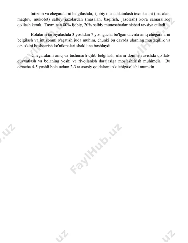 kamida 7 soatlik sifatli vaqt ajratishi bilan bog‘liq bo‘lib, bolaning psixologik salomatligi va ijtimoiy moslashuvchanligini ta’minlaydi. intizom va chegaralarni belgilash intizom va chegaralarni belgilashda, ijobiy mustahkamlash texnikasini (masalan, maqtov, mukofot) salbiy jazolardan (masalan, baqirish, jazolash) ko'ra samaraliroq qo'llash kerak. taxminan 80% ijobiy, 20% salbiy munosabatlar nisbati tavsiya etiladi. bolalarni tarbiyalashda 3 yoshdan 7 yoshgacha bo'lgan davrda aniq chegaralarni belgilash va intizomni o'rgatish juda muhim, chunki bu davrda ularning mustaqillik va o'z-o'zini boshqarish ko'nikmalari shakllana boshlaydi. chegaralarni aniq va tushunarli qilib belgilash, ularni doimiy ravishda qo'llab-quvvatlash va bolaning yoshi va rivojlanish darajasiga moslashtirish muhimdir. bu o'rtacha 4-5 yoshli bola uchun 2-3 ta asosiy qoidalarni o'z ichiga olishi mumkin. 📌xulosa тарбиянинг турли усуллари фарзанднинг шахсият шаклланишида муҳим роль ўйнайди. муваффақиятли тарбия учун эса ота-она ва бола ўртасидаги ўзаро ҳурмат, ишонч ва муҳаббат зарур. яхши натижаларга эришиш учун эса, индивидуал ёндашув ва доимий рағбатлантириш муҳим аҳамиятга эга. 📚foydalanilgan adabiyotlar 1. макс вебернинг "протестант …