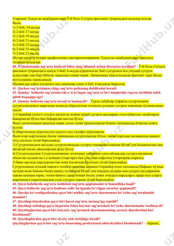 chon joriy qilingan? 18. davlat majburiy sug’urtasi bo’yicha kimlar sug’urtalanadi? 19. davlatning markazlashgan sug’urta fondlari qaysi manba hisobidan shakllantiriladi? 20. franshiza tushunchasiga berilgan to’g’ri javobni toping… франшиза-сугурта шартномаси шартларида кузда тутиладигон сугурталовчининг зарарни коплашдан озод этиладигон кисми. сугурта суммасига нисбатан % ларда белгиланадигон шартли ва шартсиз турларга булинади. 21. garovga qo’yilgan mol-mulk sug’urtasi qay tarzda amalga oshiriladi? 22. harbiy xizmatchilarni baxtsiz hodisalardan sug’urtalash qaysi manba hisobidan amalga oshiriladi? 23. hayot sug’urta tarmog’ida sug’urta faoliyati bilan shug’illanishi uchun nima talab qilinadi? 24. hayot va anuitetlar sug’urta faoliyati klassifikatorining nechanchi klassiga asosan amalga oshiriladi? 18 klass 25. hayotni sug’urtalashda sug’urta mukofoti qaysi muddatlarda to’lanishi mumkin? 26. kafillikni sug’urtalash- bu… 27. kafillikni sugurta qilish sug’urta faoliyati klassifikatoriga muvofiq, umumiy sug’urtaning qaysi klassiga taalluqli? - 15 klass 28. kasalliklardan ehtiyot shart sug’urta qilish umumiy sug’urta faoliyati klassifikatorining nechinchi sug’urta klasslarida o’z aksini topgan? - 2 klass 29. kasbiy javobgarlikni sug’urta qilishda sug’urta mukofoti nimaga …