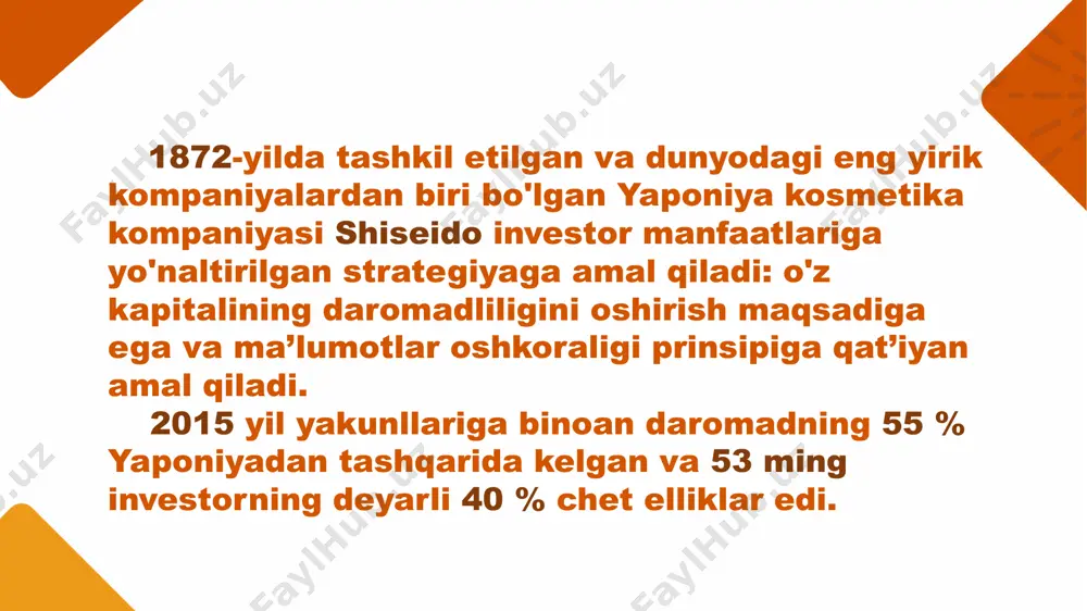 zmat ko'rsatuvchi kompaniyalarda aylanmaning qisqarishi odatda takroriy buyurtmalar sonining ko'payishiga olib keladi). b. xodimlar, mijozlar va etkazib beruvchilar bilan munosabatlarning uzluksizligi va barqarorligi tashkilotlarning biznesni uzluksiz yuritish uchun zarur bo'lgan muayyan turdagi o'zgarishlarga javob bera olishlari uchun zarurdir. mijozlar oldidagi mas'uliyat, birinchi navbatda, ular kutgan sifatli mahsulot yoki xizmatni taqdim etish va ular bilan halol va adolatli munosabatda bo'lishdir. yetkazib beruvchilar oldidagi javobgarlik asosan savdo munosabatlarida ifodalanadi. -tashkilotning kattaligi unga xaridor sifatida katta kuch berishi mumkin. axloqiy qoidalardan biri shundaki, tashkilot o'z vakolatlaridan yomon niyatda foydalanmasligi kerak. -yetkazib beruvchilar o'z mijozlari bilan kelishilgan savdo shartlariga muvofiq tezda to'lovni kutishlari mumkin. -yetkazib beruvchilar va potentsial etkazib beruvchilardan olingan barcha ma'lumotlar maxfiy saqlanishi kerak. foydalanilgan adabiyotlar: http://library.navoiy-uni.uz/ https://kutubxona.samduuf.uz/ http://el.tfi.uz/ e’tiboringiz uchun rahmat! image2.jpg image3.png image4.jpg image5.jpg image6.png image1.jpg /docprops/thumbnail.jpeg