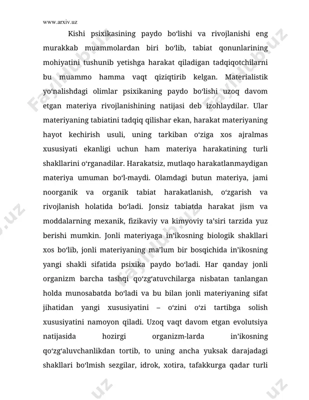 bo‘la boradi. yashash sharoitlarining keskin o‘zgarishi hayvonlarning joyini o‘zgartirishga majbur etishi azaldan ma’lum. hayvonlarning bunday xatti-harakatlari sharoitga ko‘proq yoki kamroq darajada mos bo‘lishi mumkin. cho‘l toshbaqasi va mayda kemiruvchilar issiq kunlar boshlanishi va qishki sovuq tushishi oldidan o‘zlarining normal hayot kechirishlari uchun zarur shart-sharoitlarga ancha mos keladigan harorat saqlanadigan chuqur in qazib, yer tagiga kirib ketadi. bu o‘rinda instinktlar harakat qiladi. fil o‘ziga suv sepa boshlaydi, qalin soyaga yashirinadi, maymun ham issiqdan saqlanishi uchun imkon beradigan joyni tanlashga va tayyorlashga urinadi. bu o‘rinda instinktlardan ko‘ra hayvonlar individual hayot kechirishida orttirgan tajriba – shartli bog‘lanishlar ta’sir qiladi. o‘simlik va hayvonlarga mansub shakllar evolutsiyasining barcha bosqichlarida jamiki jonli organizmlar in’ikosning alohida, biologik shakli – ta’sirlanuvchanlikka ega bo‘ladi. ta’sirlanuvchanlik tirik organizmning biologik ahamiyatiga ega bo‘lgan (biotik) ta’sirga javob berish qobiliyati demakdir. oddiy ta’sirlanuvchanlik sodda, bir hujayrali tirik organizmdayoq seziladi. ular muhitning ta’siriga harakatlanish bilan javob beradi. muhit biotik ta’sir o‘tkazishi mumkin bo‘lib, buning …