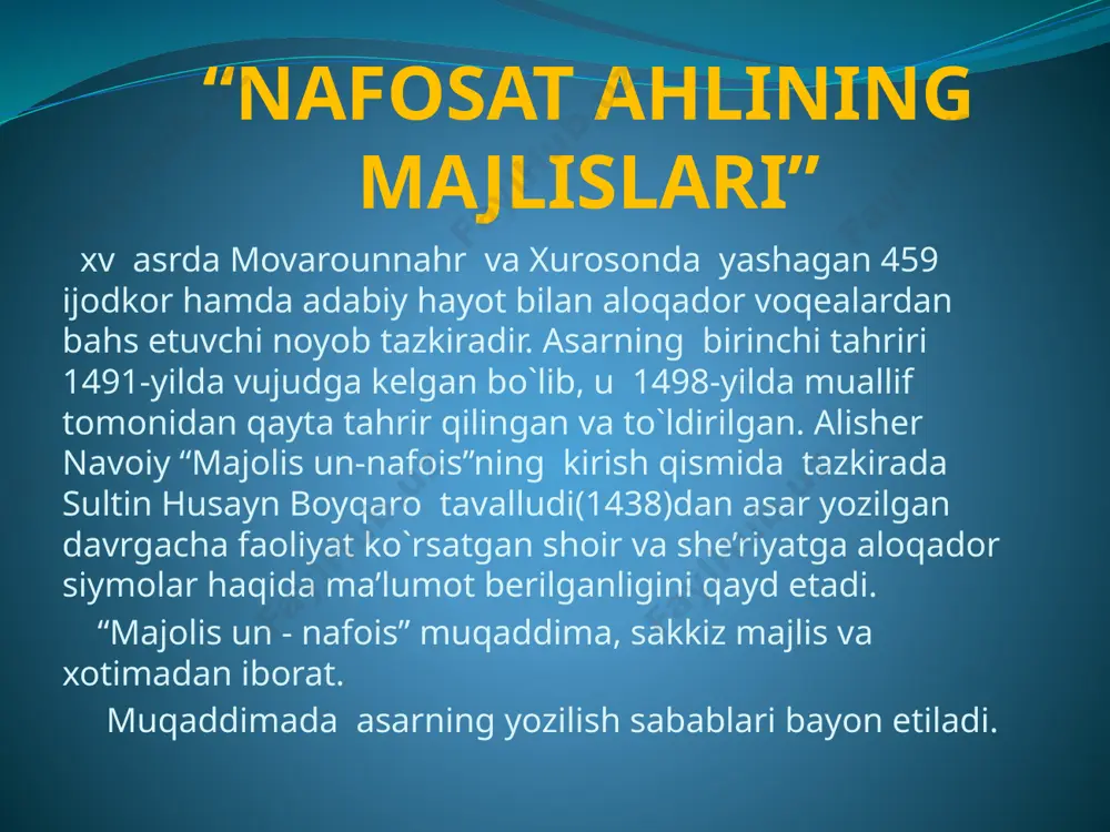 ga tarjima qilinishi tazkirada davr adabiy muhiti har tomonlama mufassal yoritilganidan dalolat beradi. audio1.wav image2.jpg image3.jpg image4.jpg