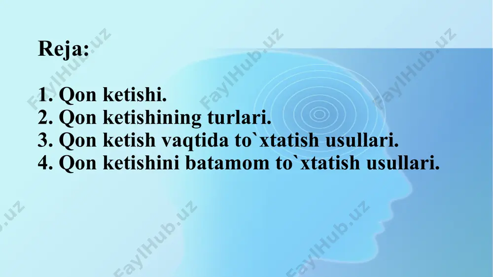 ga. kapillarlarda qon ketganda, jarohatning butun yuzasi bo`ylab kam miqdorda, bir maromda, tomchi ko`rinishida qon sizib chiqadi. parenximatoz(g`ovak) a’zolar (jigar, taloq, o`pka) jarohatlanganda qon ketishi juda xavfli kechadi, ulardagi tomirlarning o`z holicha yopilmasligi sababli, qon ketishi to`xtamaydi va tez kamqonlik holatlari kelib chiqadi. 2. qon ketishining tashqi, ichki va yashirin klinik turlari farqlanadi. -tashqi qon tomir devorining jarohati tufayli ketayotgan qon tashqariga oqadi. -ichki qon ketish nisbatan murakkab, ketayotgan qon biron bir a’zo qobiqlarida to`plangan tarzda yoki qorin va ko`krak qafasi bo`shliqlariga ketishi mumkin. 3. o`tkir yoki surunkali qon ketish. inson hayotidagi eng havfli qon ketishi o`tkir qon ketishidir. qisqa vaqt ichida yo`qotilgan katta miqdordagi qon yetishmovchiligiga inson organizmi tez moslasha olmaydi, natijada o`lim hollari ko`p uchraydi. surunkali qon ketishda esa kamqonlik sekinlik bilan rivijlanadi, natijada inson organizmi bu yangi holatga asta-sekin moslasha boradi. image2.png image3.png image4.png image5.png image6.png image7.png image8.png image9.png image10.png image11.png image12.png image13.png image14.png image15.png image16.png image17.png …