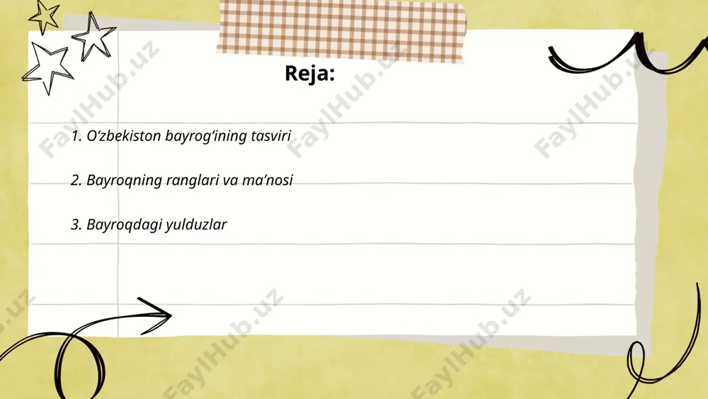 oqning nisbati 1:2. yarim oy yangi kelajakni anglatadi, 12 yulduz esa qadimiy quyosh taqvimiga ishora qiladi. bayroqning uzunligi kengligidan ikki marta kattaroq boʻlishi kerak. moviy osmon va suvni, oq tinchlikni, yashil esa tabiatni ifodalaydi. ... t.me/slaydai_bot oʻzbekistonning davlat bayrogʻi uchta rangdan iborat: koʻk, oq va yashil. koʻk rang osmon va tinchlikni anglatadi, tarixda esa amir temur davlati bayrogʻi edi. oq rang poklik va begʻuborlik ramzi, shuningdek, yorqin kelajakni ifodalaydi. yashil rang esa tabiat va yangilanishni, oʻsish va kamolotni bildiradi. bayroqning yuqori qismidagi qizil chiziqlar hayotiy kuch va energiyani koʻrsatadi. oy va yulduzlar islom anʼanalarini va davlatning mustaqilligini qayd etib, yangiliklarni anglatadi. bayroq rasmiy ravishda 1991-yil 18-noyabrda qabul qilingan. ... t.me/slaydai_bot aqsh bayrog'ida 50 ta yulduz bor, ular shtatlarning sonini ifodalaydi. bu yulduzlar bayroqning yuqori chap qismidagi ko'k fonda joylashgan. shuningdek, bayroqda 13 ta oq va qizil chiziq mavjud bo'lib, ular dastlabki 13 ta koloniyani ifodalaydi. bayroqning dizayni 1777-yilda qabul qilingan, …