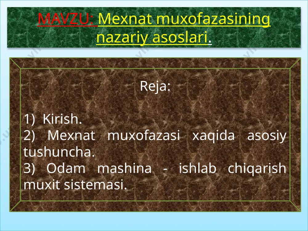 ositalar sistemasi. yong’in xafsizligi obekta yong’in paydo bo’lish xafini oldini olish , shuningdek moddiy boyliklarni muxofaza qilish. yonish-yonuvchi moddalarning habo kislarodi yoki boshqa oksidlovchi modda bilan oksidlanishining tez kechadigan kimyoviy reaksiyasi bo’lib , bunda yorug’lik va issiqlik ajraladi ishlab chiqarish sanitariyasi ishlab chiqarishdagi zararli omillar tasirini oldini oladigan chora tadbirlar va texnika vositalar sistemasi ishlab chiqarish sanitariyasi-ishlab chiqarish korxonalari teritoryasining xolatini yaxshi saqlash, sanitariya obodanlashtirish,ishlab chiqarish binolarini va xonalarini sanitariya texnik qurilmalarini (vintilatsiya ,isitish sovutish)sanitariya maishiy xonalar qurillmalari , shaxsiy saqlanish vositalaridan foydalanish ,mexnat sharoitlarini yaxshilashga ,ishlab chiqarishdagi zaxarlanishlarni xamda kasbga oid zaxarlanishlarni oldini olish ,xizmatchilar sog’ligini muxofaza qilish ,va ishlab chiqarish estetikasi bilan bog’liq bo’lgan gigiena chora tadbirlarini ishlab chiqishni xal qilishda iborat. adigan omi ishlab chiqarishdagi xafli omil ishlab chiqarishda ishlovchilarga muy’an sharoitlarda tasir etganda shikastlanishiga yoki sog’liqning keskin yomonlashuviga tasir etadigan omil. bunga misol qilib , xarakatlanayotgan mashina , trator yoki yuk ko’tarish mashina va mexanizimlarining muxofazalanmagan …