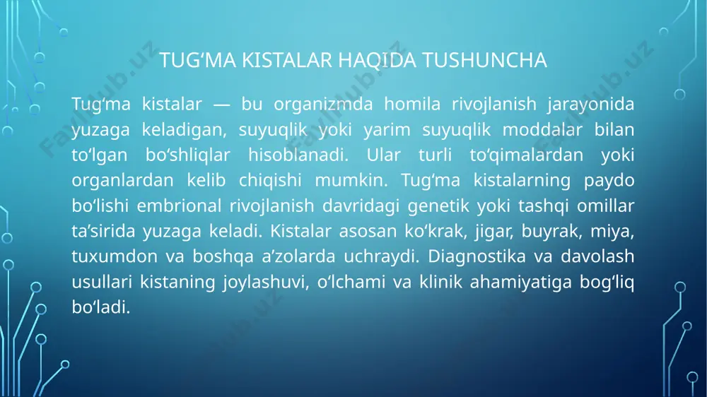 don kistalarida hayz buzilishi) kuzatiladi. diagnostika usullari tug‘ma kistalarni aniqlashda zamonaviy instrumental va laborator usullar qo‘llaniladi. eng ko‘p ishlatiladigan usullar: ultratovushli tekshiruv (uzi), rentgen, kompyuter tomografiyasi (kt), magnit-rezonans tomografiya (mrt), ba’zan biopsiya. qon va siydik tahlillari yordamida ham organlar funksiyasi baholanadi. diagnostika natijalari asosida kistalarning turi, hajmi, joylashuvi va asoratlari aniqlanadi. laborator tekshiruvlar ahamiyati laborator tekshiruvlar asosan infeksiya yoki yallig‘lanish belgilari borligini, organ funksiyasida o‘zgarishlarni aniqlash uchun ahamiyatli. masalan, jigar yoki buyrak kistasida jigar fermentlari, kreatinin va siydik tahlili o‘zgarishlari aniqlanishi mumkin. infeksiya alomatlari bo‘lsa, oq qon tanachalarining ko‘payishi, echt yuqoriligi aniqlanadi. davolash prinsiplari davolashning asosiy yo‘nalishi — kistani olib tashlash yoki uning o‘sishini to‘xtatishga qaratiladi. kichik va simptom bermaydigan kistalar faqat kuzatuvga olinadi. simptomli yoki tez o‘sadigan, infeksiyalanib yoki yorilib ketgan kistalar jarrohlik, kam hollarda medikamentoz davolash talab qiladi. endoskopik, laparoskopik, ochiq operatsiyalar zamonaviy usullardir. davolash tanlovi har bir holatga alohida yondashiladi. asoratlari va profilaktika asoratlar orasida infeksiya, abscess, …