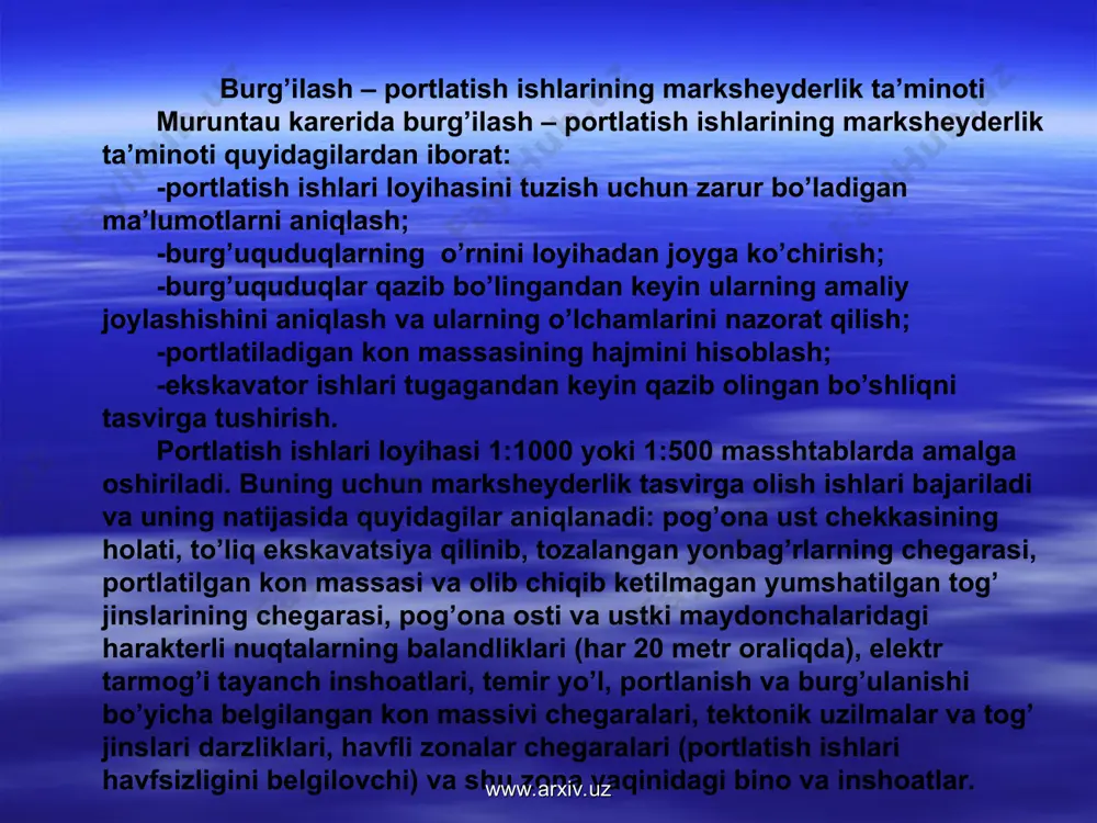 dagi tog’ jinsining mustahkamligi, mpa; - tog’ jinsining hajmiy zichligi, t/m3. 0,07 formuladagi argumentlarning o’lchov birligini inobatga oluvchi koefitsient. burg’ulash qiyinligini ifodalovchi ko’rsatgich (пб) faqatgina tog’ jinslarining fizikaviy – mexanikaviy xossalariga bog’liq bo’lib, ular har bir kon uchun injener – geologik qidiruv davrida to’liq o’rganiladi. _1431885133.unknown _1431885270.unknown _1432019627.unknown _1431881659.unknown burg’ulanish sinfi burg’ulanish darajasi burg’ulashning qiyinchilik ko’rsatkichi 1 2 3 4 5 oson burg’ulanadigan o’rtacha qiyinchilikda burg’ulanadigan qiyin burg’ulanadigan o’ta qiyin burg’ulanadigan haddan tashqari qiyin burg’ulanadigan 1 – 5 6 – 10 11 – 15 16 – 20 21 – 25 сж сдв s t 1 , 0 = 8 , 2 = g ) 6 , 2 ( 077 , 0 + = p сж б s 130 = сж s qayerda p0 – dolotodagi o’q bosimi, tc; nb – doloto aylanish tezligi, ay/min; da – doloto diamteri, sm. burg’ulash samaradorligi shuningdek, tog’ jinsi teksturasi va kon massivi strukturasiga ham …