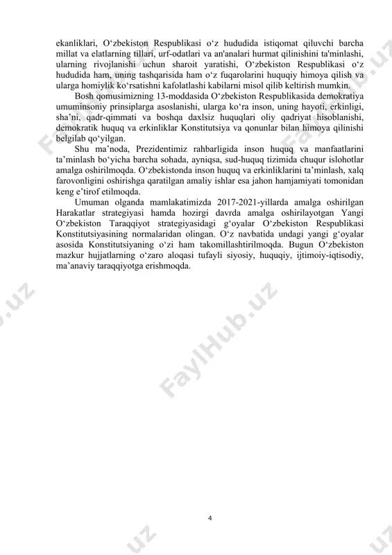 tsiyasi va uning qonunlari ustundir. o‘zbekiston respublikasi davlat idoralarining tizimi hokimiyatni qonun chiqaruvchi, ijroiya va sud hokimiyatiga ajratish tartibi asosida quriladi” (5-modda). 1992-yil 8-dekabr kuni bosh qomusimiz qabul qilindi. shu kundan e’tiboran, 8-dekabr – umumxalq bayrami deb e’lon qilindi. shunday qilib, o‘zbekiston o‘z mustaqilligini e’lon qilgan sanadan e’tiboran dunyo sahnida yangi, suveren davlat qaror topgan bo‘lsa, birinchi konstitutsiyamiz qabul qilingan kuni davlatimiz yangidan tug‘ildi, haqiqiy mustaqilligimizga mustahkam huquqiy poydevor qo‘yildi. bugungi kunda o‘zbekiston respublikasi konstitutsiyasi xalqimiz siyosiy-huquqiy tafakkurining yorqin ifodasi sifatida demokratik davlat va kuchli fuqarolik jamiyatini barpo etish, aholining erkin va obod turmushini ta’minlash, mamlakatning xalqaro maydondagi obro‘-e’tiborini yuksaltirish hamda barcha sohalarda islohotlarni muvaffaqiyatli amalga oshirishda mustahkam poydevor bo‘lib xizmat qilmoqda. yurtimiz taraqqiyotining yangi bosqichida xalqimizning tinch va farovon hayoti uchun ishonchli kafolat bo‘lgan bosh qomusimizni bugungi davr talablariga mos holda, eng muhimi, fuqarolarimiz xohish-irodasi va fikri hamda mamlakatimizda olib borilayotgan islohotlarning bosh maqsadi bo‘lgan “inson - jamiyat – …