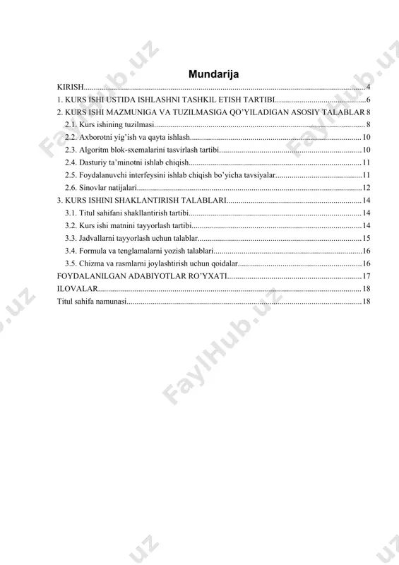 документации (еспд). общие положения; · гост 2.001-2013. единая система конструкторской документации (ескд). общие положения; · гост 3.1102-2011. единая система технологической документации (естд). стадии разработки и виды документов. общие положения; · гост 7.80-2000. система стандартов по информации, библиотечному и издательскому делу (ссибид). библиографическая запись. заголовок. общие требования и правила составления; · гост 7.32-2001. ссибид. отчет о научно-исследовательской работе. структура и правила оформления. 1. kurs ishi ustida ishlashni tashkil etish tartibi ma’lum mavzudagi kurs ishini bajarish o‘quv fanining yakuniy bosqichida amalga oshiriladi. kurs ishi mavzulari fanning o’quv rejasida kurs ishlarini bajarish ko'zda tutilgan semestr boshlanishidan oldin fanni o‘tuvchi o’qituvchi tomonidan ishlab chiqiladi. mavzular soni o'quv guruhidagi har bir talabaga shaxsiy vazifa berish uchun yetarli bo'lishi kerak. kurs ishi mavzulari dolzarb bo'lishi hamda fan, texnika va ta'limning hozirgi holati va rivojlanish istiqbollariga mos kelishi kerak. taqdim etilayotgan mavzular fan bo'yicha o'quv rejasi talablariga javob beradigan ilmiy-tadqiqot, laboratoriyaviy izlanishlar, kompyuter dasturlari va berilganlar bazalari …
