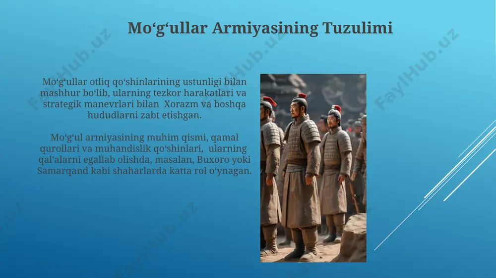 arbiy strategiyasi usmonlilarning harbiy strategiyasining muhim jihati anqara jangida (1402) ko'rilganidek, dushman kuchlarini ajratish va qurshovga olish edi. usmonlilar dengiz flotini samarali ishlatish orqali o'rta yer dengizi va qora dengizdagi strategik hududlarni nazorat qilib, imperiyaning kengayishiga yordam berdi. qurollanish va jang usullari (xorazmshohlar) xorazmning strategik ahamiyatga ega bo'lgan marg'ilon, buxoro va urganch kabi shaharlari kuchli istehkomlarga ega bo'lib, mudofaa strategiyasida muhim rol o'ynagan. xorazmshohlar armiyasi 12-13-asrlarda 100 000 gacha jangchi, shu jumladan, og'ir qurollangan piyoda askarlari va otliq qo'shinlarini o'z ichiga olgan. e'tiboringiz uchun rahmat @taqdimot_robot image1.jpg image2.jpg image3.jpg image4.jpg image5.jpg image6.jpg image7.jpg image8.jpg image9.jpg image10.jpg image11.jpg image12.jpg