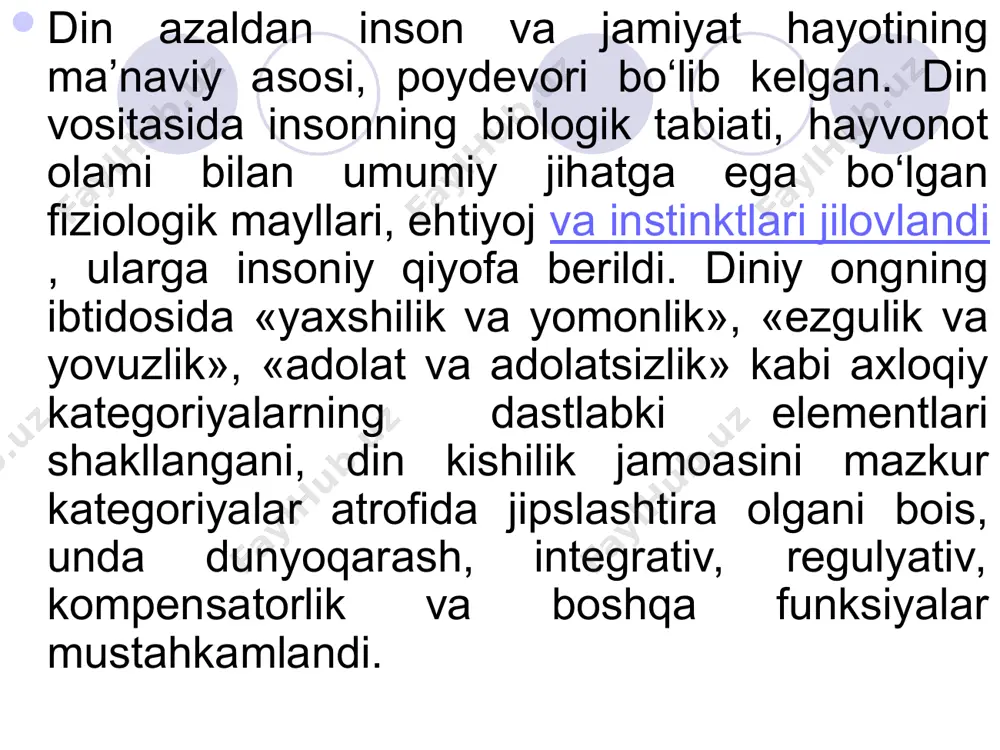 -quvvatlashi natijasida amalga oshirildi. 1998 yilga kelib mamlakatda din va diniy faoliyat shu qadar keng quloch yozgan ediki, ezgu ishlar bilan bir qatorda, yovuz, qora niyatlarni amalga oshirish, mamlakat hayotini diniy o‘zanga burib yuborish uchun sharoit yaratishga urinishlar ham ko‘zga tashlanib qoldi. bu holat mantiqan va tarixan 1991 yil 14 iyunda qabul qilingan «vijdon erkinligi va diniy tashkilotlar to‘g‘risida»gi qonunning hayotdan orqada qolganligini ko‘rsata boshladi. shu bois 1998 yil 1 mayda ushbu qonunning yangi tahrirda qabul qilinishi hayot taqozosi bo‘ldi. dinning vujudga kelish sabablarini o‘rganish qadimdan insoniyatni qiziqtirib kelgan va hozir ham bu muammo o‘zining dolzarb ahamiyatini yo‘qotmagan. masalaning murakkabligi shundaki, ilk diniy qarashlar paydo bo‘lgan insoniyat tarixining qadimgi davrlaridan bizgacha etib kelgan ashyoviy manbalar va etnografik ma’lumotlar ilmiy xulosa chiqarishimiz uchun etarli emas. qadimgi davrlardan dinni o‘rganishda muammoga yondashuv va ularni hal etish usullari bilan o‘zaro farq qiladigan ilohiyot va ilmiy yo‘nalishlar yuzaga kelgan. ilohiyot ta’limotiga ko‘ra olam, undagi …