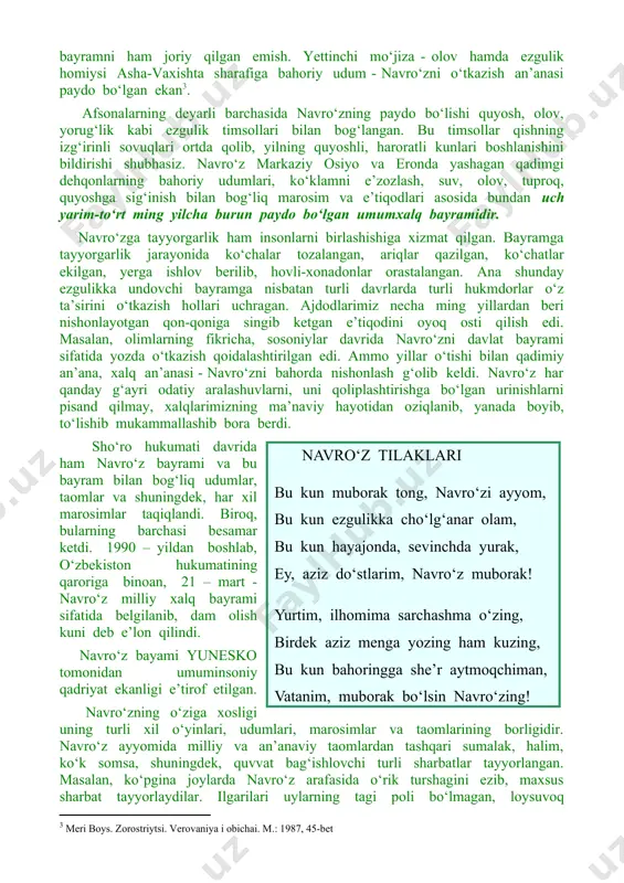 lganligini bildirardi. nuh qaldirg‘och ko‘rsatgan tomonga qarab suzib boribdi-da, suv o‘rtasidagi zaminni ko‘ribdi. kemadagi barcha jonzod yerga tushib, to‘fon azobidan qutilibdilar. yer yuziga tushgan odamlar o‘sha kunni «yangi kun» deb bayram qilishga odatlanibdilar. mazkur afsona navro‘z haqiqiy bahor bayrami ekanligidan dalolat beradi. zero, nuh payg‘ambar qaldirg‘ochni uchirganligi bejiz emas, chunki qaldirg‘och – bahor elchisi, uyimizni nurga, dalalarimizni gulga, qalbimizni oftobdek jo‘shqin sevinchlarga to‘ldiradigan ko‘klam darakchisidir. navro‘zning paydo bo‘lishiga oid o‘xshash ma’lumotlar markaziy osiyoda yashagan qadimgi aholining e’tiqodiy qarashlari majmuasi zardushtiylikning muqaddas kitobi «avesto»da ham mavjud. zardusht o‘zi yaratgan yetti mo‘jiza (suv, tuproq, havo, olov, o‘simlik, sigir, va odam) ga monand holda yettita bayramni ham joriy qilgan emish. yettinchi mo‘jiza - olov hamda ezgulik homiysi asha-vaxishta sharafiga bahoriy udum - navro‘zni o‘tkazish an’anasi paydo bo‘lgan ekan . afsonalarning deyarli barchasida navro‘zning paydo bo‘lishi quyosh, olov, yorug‘lik kabi ezgulik timsollari bilan bog‘langan. bu timsollar qishning izg‘irinli sovuqlari ortda qolib, yilning quyoshli, haroratli …