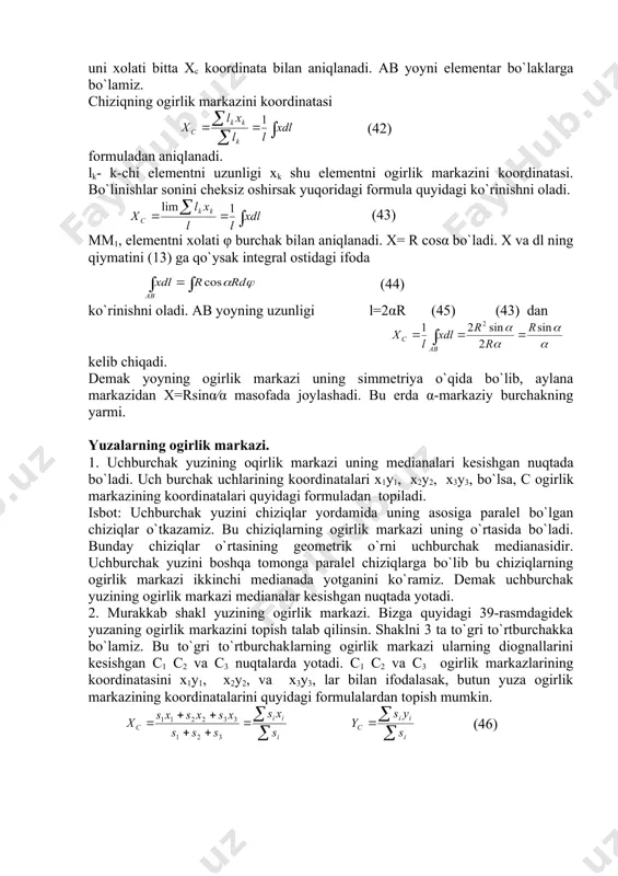 sishgan c1 c2 va c3 nuqtalarda yotadi. c1 c2 va c3 ogirlik markazlarining koordinatasini x1y1, x2y2, va x3y3, lar bilan ifodalasak, butun yuza ogirlik markazining koordinatalarini quyidagi formulalardan topish mumkin. (46) bunda s1 s2 va s3 lar 1,2,3 to`gri to`rtburchaklarning yuzi 39- rasm 5) xajmlarning ogirlik markazi: xajmlarning ogirlik markazini topish uchun yuqoridagi chiziq, yuza formulalariga o`xshash formulalardan foydalanamiz _1283875972.unknown _1284633854.unknown _1284635681.unknown _1284639241.unknown _1284639652.unknown _1284639755.unknown _1284639778.unknown _1284639443.unknown _1284636303.unknown _1284636524.unknown _1284635985.unknown _1284634285.unknown _1284634504.unknown _1284634244.unknown _1283880211.unknown _1284633286.unknown _1284633722.unknown _1284633173.unknown _1283878061.unknown _1283878394.unknown _1283876005.unknown _1283875025.unknown _1283875390.unknown _1283875817.unknown _1283875205.unknown _1283873979.unknown _1283874062.unknown _1283873880.unknown
