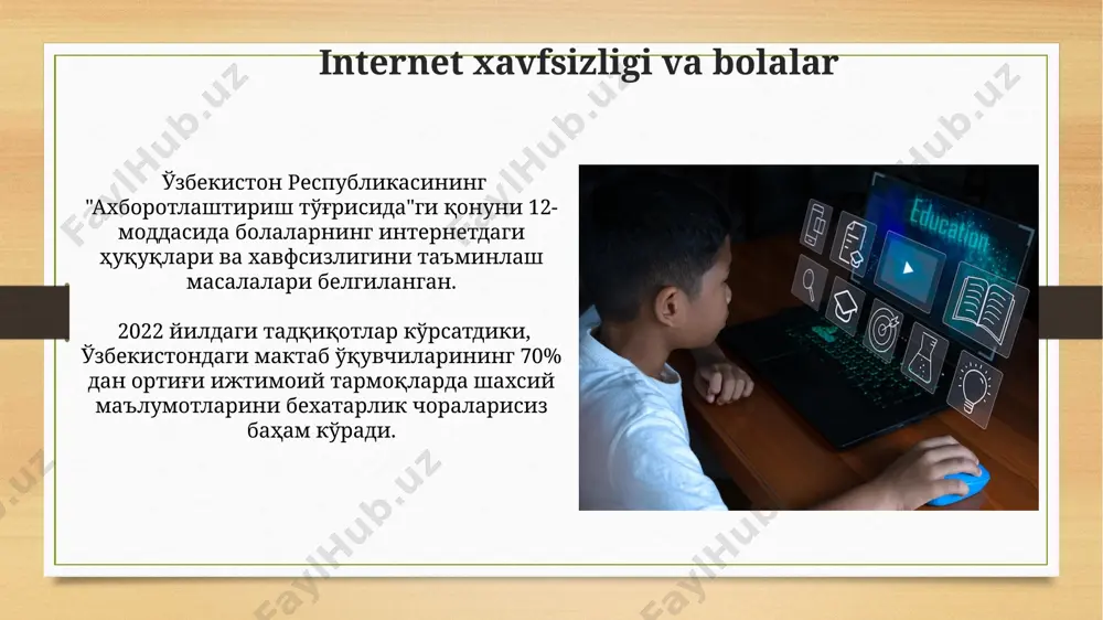 hun ikki bosqichli autentifikatsiya tizimlarini joriy etdi. raqamli vositalardan samarali foydalanish bo'yicha 2023-yilda o'zbekiston maktablari o'qituvchilari uchun 5000 dan ortiq onlayn kurslar tashkil etildi, bu esa raqamli savodxonlikni oshirishga yordam berdi. kiberbezorilik va uning oldini olish o'zbekistonning toshkent shahridagi maktablarda kiberbezorilikka qarshi kurashish bo'yicha 2024-yil uchun yangi dastur ishlab chiqilmoqda, unda o'quvchilarga kiberbezorilikning turli shakllari va ularning oldini olish usullari haqida tushuncha beriladi. kiberbezorilikning 2023-yilgi global hisobotlariga ko'ra, 10-18 yoshli bolalar orasida aqsh va buyuk britaniyada 30% dan ortiq foizi kiberbezorilik qurboni bo'lgan. maktab siyosati va qoidalari qoraqalpogʻiston respublikasidagi maktablarda raqamli resurslardan foydalanish boʻyicha 10 ta asosiy qoida ishlab chiqilgan boʻlib, ularda mualliflik huquqi, axborot manbalarining ishonchliligi va internetda xavfsiz harakat qilish koʻrsatmalari aks etgan. toshkent shahridagi 50 dan ortiq maktabda ijtimoiy tarmoqlardan foydalanish boʻyicha 3 ta asosiy qoida mavjud: shaxsiy ma’lumotlarni himoya qilish, kiber bezorilikdan saqlanish va onlayn xulq-atvor qoidalariga rioya qilish. kelajakdagi istiqbollar va tavsiyalar raqamli savodxonlikni oshirish …