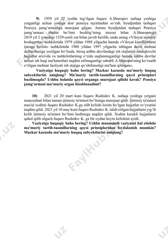 tib-taomillari toʻgʻrisida”gi qonun bilan tahlil qiling. 7) fuqaro n.kamolov advokatlik faoliyatini amalga oshirish maqsadida 2023 yil dekabr oyida advokatlar palatasiga advokatlik litsenziyasini olish uchun tegishli hujjatlarni taqdim etdi. bu orada fuqaro n.kamolov taqdim etgan hujjatlarda belgilangan talablarning barchasi borligi ma'lum qildi. fuqaro k. malaka imtihonini topshirish uchun qayta murojaat qilganida palata tomonidan fuqaroning 3 yillik yuridik staji yoʻqligi sababli advokatlik lisenziya olish uchun malaka imtihonini topshirishi mumkin emasligini ma'lum qiladi va uning hujjatlari advokatlar palatasi tomonidan qaytarib yuboriladi. vaziyatga oʻzbekiston respublikasi normativ huquqiy hujjatlaridan keng foydalangan holda huquqiy yechim bering? advokat bo’lish uchun yuridik staj talab etiladimi? 8) toshkent harbiy okrug harbiy prokuraturasi fuqaro v. javobgar toshkent shahar yakkasaroy tuman chaqiruv komissiyasiga nisbatan tuman chaqiruv komissiyasining qarorini haqiqiy emas deb topish haqidagi da'vo arizasi bilan murojaat qiladi. toshkent shahar yakkasaroy tuman mudofaa ishlari boʻlimida tashkil etilgan tuman chaqiruv komissiyasi tomonidanv. tibbiy koʻrikdan oʻtkazilib, harbiy xizmatga yaroqli deb topilgan. shunga asosan …