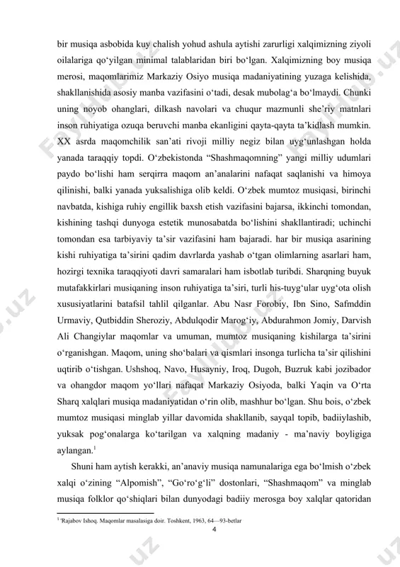 lanib qolgan “sharq taronalari” xalqaro musiqa festivali va 2002-yildan buyon o‘tkazilayotgan “boysun bahori” ochiq folklor festivaliga o‘zimiz shohid bo‘lmoqdamiz. bu nufuzli musiqa anjumanlariga san’atkorlar bilan bir qatorda xalqimizning folklor va mumtoz musiqasi bilan shug‘ullanuvchi ijodkorlar - olimlar ham tashrif buyurib, o‘zlarining festival doirasidagi ilmiy-amaliy yig‘ilishlarida xalq ijodi va maqomchilik san’atining tarixi, buguni va kelajagi haqida fikr yuritmoqdalar. kurs ishining ob’yekti shashmaqom va xorazm maqomlarini o‘rganish va keng qamrovda yoritib berishdan iborat. kurs ishining predmeti: shashmaqom va xorazm maqomlarini o‘rganish kurs ishining predmeti sifatida belgilab olindi. kurs ishining maqsad: shashmaqom va xorazm maqomlarining cholg‘u bo‘limlarini o‘rganish to‘g‘risida tushunchaga ega b o‘lish va keng tarzda yoritib berishdan iborat kurs ishining vazifalari:. 1. shashmaqom va xorazm maqomlarining cholg‘u bo‘limlarini o‘rganish 2. shashmaqom turkumining yaratilish va xorazm maqomlar tarixi va tarkibiy tuzilishi to‘g‘risida yoritib berish 3. shashmaqom cholg‘u bo‘limini ochib berish 4. xoraz maqomlarining chertim yo‘llari bilan tanishish 5. shoshmaqom va xorazm maqomlaridagi o‘ziga …