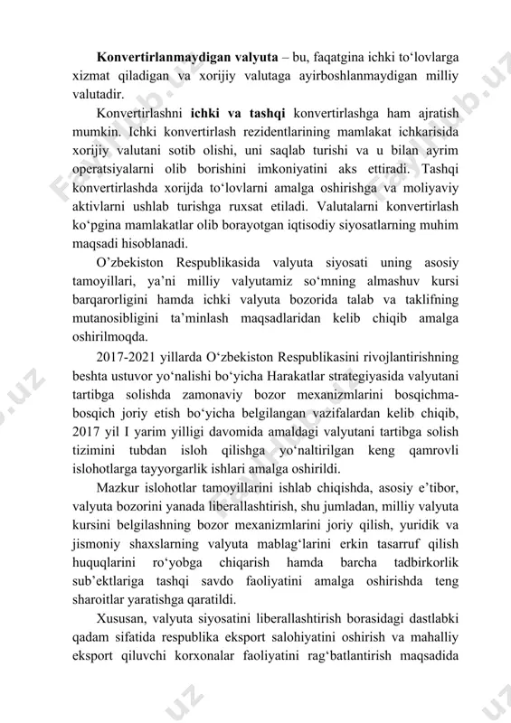 qilindi. so‘nggi yillarda valyuta siyosati uning asosiy tamoyillari, ya’ni milliy valyutamiz so‘mning almashuv kursi barqarorligini hamda ichki valyuta bozorida talab va taklifning mutanosibligini ta’minlash maqsadlaridan kelib chiqib amalga oshirilmoqda. bunda asosiy e’tibor inflyasion jarayonlarni jilovlashga, milliy valyuta almashuv kursi keskin tebranishlarining oldini olishga hamda eksportni qo‘llab-quvvatlashga qaratilayapti. eksportni rag‘batlantirish maqsadida so‘mning aqsh dollariga nisbatan kursini bosqichmabosqich pasaytirish choralari ko‘rilayapti (2.2-jadval). 2018-yilda ichki valyuta bozorida xo‘jalik yurituvchi sub’ektlar va aholi tomonidan xorijiy valyutani sotib olish va sotish operatsiyalari hajmi hamda valyuta bozori ishtirokchilari soni oshganligi kuzatildi. xususan, xo‘jalik yurituvchi sub’ektlar tomonidan sotib olingan jami valyuta hajmi 2017 yilga nisbatan 1,5 barobarga yoki 6,7 mlrd. aqsh dollaridan 10,4 mlrd. aqsh dollarigacha oshgan bo‘lsa, ular tomonidan sotilgan valyuta miqdori 2 barobarga yoki 3,2 mlrd. aqsh dollaridan 6,5 mlrd. aqsh dollarigacha ko‘paygan. bunda, ichki valyuta bozorida xorijiy valyutani xarid qilgan xo‘jalik yurituvchi sub’ektlar soni hisobot yili mobaynida 2 200 tadan 5 100 tagacha, yoki …