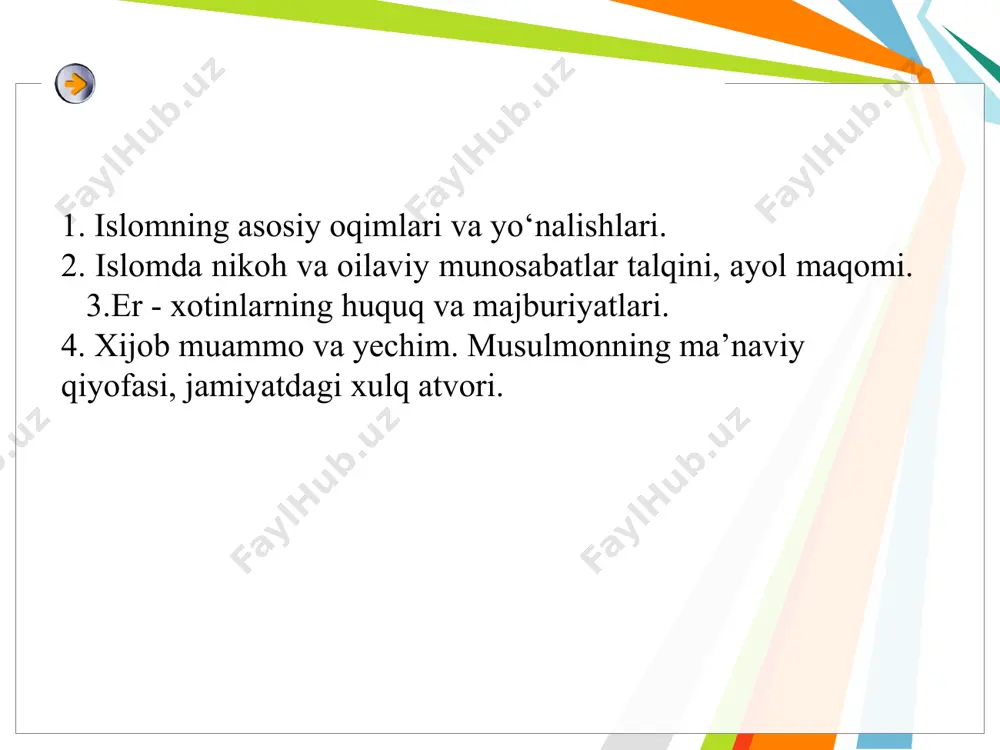 nish, xalqimiz va jahon jamoatchiligi oʼrtasida keng targʼib qilish boʼyicha izchil saʼy-harakatlar olib borilmoqda. islomdagi mazhablar va yoʼnalishlar xorijiylik shialik sunniylik bugungi kunda turli guruhlar tarafidan mazhablarni inkor qilish holatlari uchrab turibdi. ular mazhabsizlik gʼoyasini ilgari surib, asosiy maqsadlari asrlar davomida amal qilinib kelinayotgan fiqhiy mazhablarni inkor qilish hisoblanadi. mazhabsizlik gʼoyasi deyarli 12 asrdan ortiq vaqt mobaynida yashagan minglab ulamolarning butun umrlarini sarflab olgan ilmlari va qoldirgan meroslarini, yozgan asarlarini bekorga chiqaradi. mazhabsizlik gʼoyasini soxta salafiylar ilgari surmoqda. ularning fikricha, har bir kishi, oʼzi qurʼondan yoki hadisdan hukm olishi mumkin. chunki mujtahidlarning xulosasi boshqalar uchun asos boʼla olmaydi, har bir odam oʼzi fatvo berishi mumkin. shu oʼrinda fatvo va muftiy haqida toʼxtalib oʼtish oʼrinli. fatvo deb lugʼatda «mushkul ishga javob qidirish», «savolga javob berish» ga fatvo deyiladi. «muftiy» deb shariat hukmlari borasida fatvo beradigan odamga aytiladi. /docprops/thumbnail.jpeg слайд 9 islomning asosiy ruknlari iymon namoz zakot ro’za haj /docprops/thumbnail.jpeg фуқаролик жамияти …
