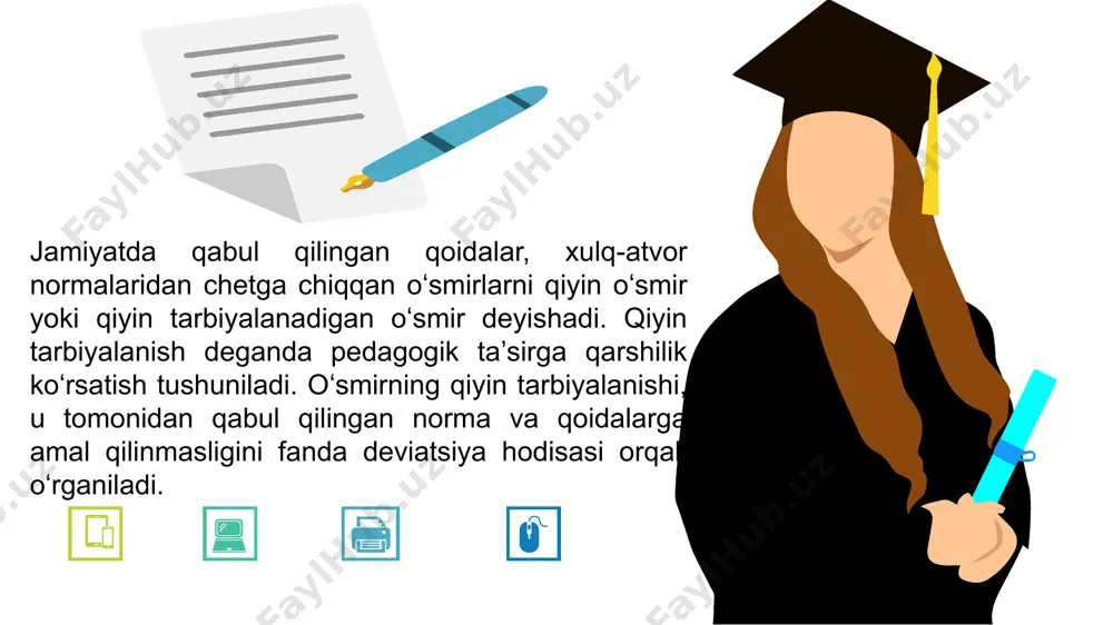 tizimlar majmuasini oʻzlashtirmay inson jamiyatning toʻla qonli aʼzosi sifatida faoliyat yurita olmaydi. “profilaktikasi” atamasi oʻzi noxush oqibatlarni keltirib chiqaruvchi sabablarni bartaraf etish maʼnosini bildiradi. ijtimoiy ogʻishlar turli sabab va holatlardan kelib chiqishini inobatga olsak, profilaktik chora-tadbirlarning bir nechta turlarini ajratsa boʻladi: -bu holatlarni bartaraf etuvchi, -oʻtkaziladigan profilaktika ishlarini nazorat qiluvchi. -neytrallashtiruvchi, -oʻrnini toʻldiruvchi, - ijtimoiy ogʻishlarga sabab boʻluvchi holatlarni yuzaga kelishidan ogohlantiruvchi, 14 ijtimoiy pedagogning oʻsmirlar bilan profilaktika ishlari olib borishiga bir nechta yondashuvlar mavjud: informatsion yondashuv-voyaga yetmagan shaxslar ularga davlat va jamiyat tomonidan axloqiy normalarni bajarishga taqdim etilgan huquq va majburiyatlardan xabardor qilinadilar. ijtimoiy profilaktik yondashuv. bunda asosiy maqsad negativ hodisalarni aniqlash, bartaraf etish va neytrallashtirishdir. bu yondashuning mohiyati davlat, jamiyat, muayyan ijtimoiy pedagogik muassasa, ijtimoiy pedagog tomonidan deviant xulq-atvorni keltirib chiqaruvchi sabablarni bartaraf etishga qaratilgan ijtimoiy-iqtisodiy, ijtimoiy-siyosiy, tashkiliy, huquqiy va tarbiyaviy chora tadbirlarni oʻtkazishdan iborat. 15 deviant xulq-atvorga ega bolalarning ijtimoiy-pedagogik reabilitatsiyasi ijtimoiy pedagogning dezadaptatsiya boʻlgan oʻsmirlar bilan …