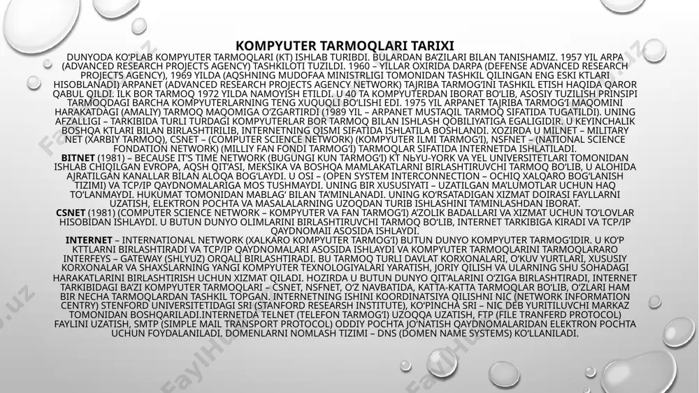 keyinchalik boshqa ktlari bilan birlashtirilib, internetning qismi sifatida ishlatila boshlandi. xozirda u milnet – military net (xarbiy tarmoq), csnet – (computer science network) (kompyuter ilmi tarmog‘i), nsfnet – (national science fondation network) (milliy fan fondi tarmog‘i) tarmoqlar sifatida internetda ishlatiladi. bitnet (1981) – because it’s time network (bugungi kun tarmog‘i) kt nьyu-york va yel universitetlari tomonidan ishlab chiqilgan evropa, aqsh qit’asi, meksika va boshqa mamlakatlarni birlashtiruvchi tarmoq bo‘lib, u alohida ajratilgan kanallar bilan aloqa bog‘laydi. u osi – (open system interconnection – ochiq xalqaro bog‘lanish tizimi) va tcp/ip qaydnomalariga mos tushmaydi. uning bir xususiyati – uzatilgan ma’lumotlar uchun haq to‘lanmaydi. hukumat tomonidan mablag‘ bilan ta’minlanadi. uning ko‘rsatadigan xizmat doirasi fayllarni uzatish, elektron pochta va masalalarning uzoqdan turib ishlashini ta’minlashdan iborat. csnet (1981) (computer science network – kompyuter va fan tarmog‘i) a’zolik badallari va xizmat uchun to‘lovlar hisobidan ishlaydi. u butun dunyo olimlarini birlashtiruvchi tarmoq bo‘lib, internet tarkibiga kiradi va tcp/ip …