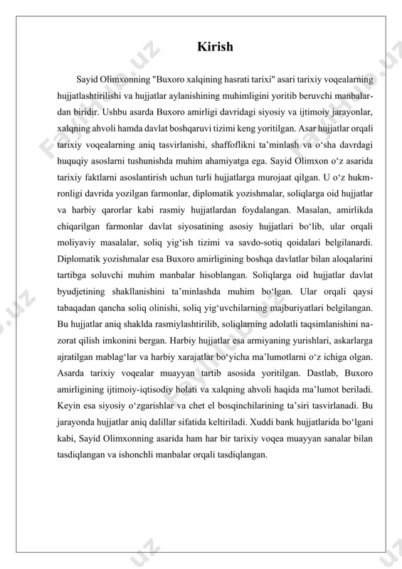 i amirlikning inqirozi sabablari va uning tugatilish jarayoni haqida aniq tasavvur hosil qilish mumkin. buxoro amirligining so‘nggi yillari ijtimoiy, siyosiy va iqtisodiy jihatdan og‘ir kechdi. bu davrda amirlikning ichki tuzilishi eskirgan bo‘lib, u zamonaviy davlat boshqaruviga moslashmadi. islohotlarga ehtiyoj katta bo‘lsa-da, hukmron doiralar eski tartiblarni saqlashga harakat qildi. bu esa aholining noroziligini kuchaytirib, turli qatlamlar o‘rtasida qarama-qarshiliklarga sabab bo‘ldi. buxoro amirligi uzoq vaqt rossiya imperiyasiga qaram bo‘lib kelgan. amirlik nominal mustaqil bo‘lsa-da, rossiya uning ichki va tashqi siyosatiga jiddiy ta’sir o‘tkazardi. bu ta’sir xix asr oxiri va xx asr boshlarida yanada kuchaydi. amir sayid olimxon hukmronligi davrida rossiyaga qaramlikni cheklashga harakat qildi, biroq bu urinish muvaffaqiyatsiz bo‘ldi. rossiya inqilobidan so‘ng, markaziy osiyodagi vaziyat beqarorlashdi va turkiston o‘lkasida boshlangan inqilobiy harakatlar buxoroga ham ta’sir o‘tkaza boshladi. bu davrda buxoro aholisi orasida yangi kuchlar paydo bo‘ldi. yosh buxoroliklar harakati hukumat islohotlar o‘tkazishiga chaqirib, amirning mutlaq hokimiyatiga qarshi chiqdi. ular ta’lim, huquq va …