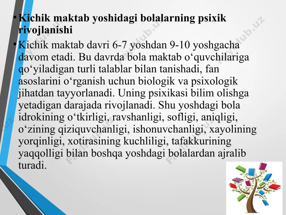 ndirishga, shuningdek, tengdoshlari orasida o‘z o‘rniga ega bo‘lishiga imkoniyat ham yaratadi 5-6 yoshlarda ko‘zga tashlangan bolalarning xususiyatlari yillar davomida rivojlanadi va mustahkamlanadi, o‘smirlik davrining boshlariga kelib, juda ko‘pgina shaxsiy fazilatlar shakllanib bo‘ladi. bolalarning individualliklari ularning bilish jarayonida ham ko‘rinadi, bu davrda bolalarning bilimlari kengayadi va chuqurlashadi, ko‘nikma va malakalari takomillashadi. 3-4 sinflarga borib, aksariyat bolalarda umumiy va maxsus layoqatlar ko‘zga tashlanadi. kichik maktab davrida hayot uchun nihoyatda ahamiyatli bo‘lgan muvaffaqiyatga erishish motivi mustahkamlanadi, bu esa o‘zo‘zidan boshqa layoqatlarni jadal rivojlanishiga olib keladi. kichik maktab yoshi bolalik davrning eng katta chuqqisi. bu davrda bola yoshi kattalardan barcha sifatlarni o‘zida aks ettira boshlaydigan davr. bola kichik maktab yoshiga kelganda mantiqiy fikrlashi o‘zgarib borishi bilan ko‘zga tashlanadi. o‘qish uning uchun ahamiyatli faoliyat hisoblanadi. unda qiziqishlar o‘zgarib turadi. shunday bo‘lsada 7 yoshda psixologik krizis uchrab turadi. (psixologiya razvitiya i vozrastnaya psixologiya, bolotova a.k. molchanova o.n. 2003. 84 str) kichik maktab yoshidagi bolalarning faoliyati yetakchi …