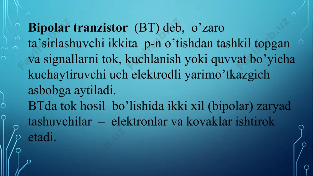 hisobiga ishlaydi. btda elektrodlar uchta bo’lgani sababli, uch xil ulanish sxemalari mavjud: umumiy baza (ub); umumiy emitter (ue); umumiy kollektor (uk) (2-rasm). btning statik rejimda umumiy baza (a), umumiy emitter (b) va umumiy kollektor (d) ulanish sxemalari. btning ishlashi uch hodisa hisobiga amalga oshadi: - emitterdan asosiy zaryad tashuvchilarning bazaga injeksiyalanishi; - bazaga injeksiyalangan eztlarning diffuziya va dreyf hisobiga ko’gacha yetib kelishi; - bazaga injeksiyalangan va ko’gacha yetib kelgan noasosiy zaryad tashuvchilarning ekstraksiyalanishi. aktiv rejim uchun kuchlanish manbalari qutblari va elektrodlar toklari yo’nalishlari. eo’ to’g’ri siljitilganda (ueb ta’minot manbasi hisobiga amalga oshiriladi) uning potensial bareri pasayadi va elektronlar emitterdan bazaga injeksiyalanadi. elektronlarning emitterdan bazaga hamda kovaklarning bazadan emitterga injeksiyalanishi hisobiga emitter toki hosil bo’ladi: bu yerda, – mos ravishda elektronlar va kovaklar injeksiya toklari. emitter tokida elektronlarning injeksiya toki i en ulushini injeksiya koeffitsiyenti deb ataluvchi kattalik ifodalaydi. u emitter ishlash samaradorligini belgilab, emitter tokidagi foydali tok ulushini ko’rsatadi odatda,0,990-0,995ni …