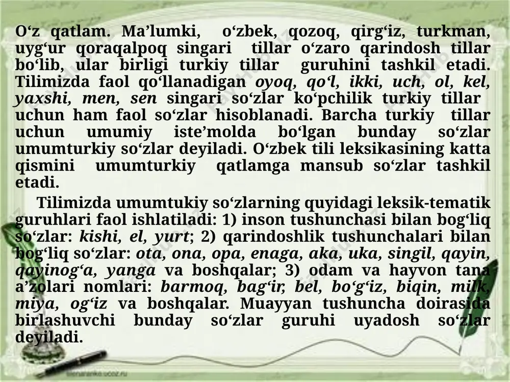 dagi uch turga bo‘linadi:1) tarixiy so‘zlar (istorizmlar), 2) eskirgan so‘zlar(arxaizmlar), 3) yangi so‘zlar (neologizmlar). 1. tarixiy so‘zlar (istorizmlar). o‘tmishga oid narsa, hodisalarni ifodalagan, biroq hozirgi tilimizda o‘z sinonimiga ega bo‘lmagan so‘zlardir. masalan: miri, paqir, (pul birliklari) qozi, qushbegi, yasovul, xalifa (mansab nomlari), omoch, yorg‘ichoq, charx kabilar. 2. eskirgan so‘zlar(arxaizmlar). hozirgi kunda mavjud bo‘lgan narsa va hodisalarning eskirib qolgan nomlaridir. eskirgan so‘zlarning hozirgi tilda sinonimi mavjud bo‘ladi. masalan: budun, ulus, raiyat – xalq; handasa - geometriya; muarrix – tarixchi; dudoq – lab; lang - cho‘loq, oqsoq. 3. yangi so‘zlar (neologizmlar). ijtimoiy-iqtisodiy taraqqiyot va o‘zgarishlar natijasida vujudga kelgan narsa - hodisalarning yangi nomlaridir. masalan, o‘zbekiston mustaqil bo‘lgandan so‘ng tilimizda paydo bo‘lgan faxriy - veteran, noib - deputat, tuman - rayon, tayyora - samolyot kabi so‘zlar yangi so‘zlardir. yangi so‘zlarning nofaol so‘zlar qatoridan o‘rin egallashi sababi shundaki, ular paydo bo‘lgandan keng iste’moldagi so‘zlar singari barchaning nutqida birdek ishlatilavermay-di. biroq vaqtlar o‘tishi bilan yangi …