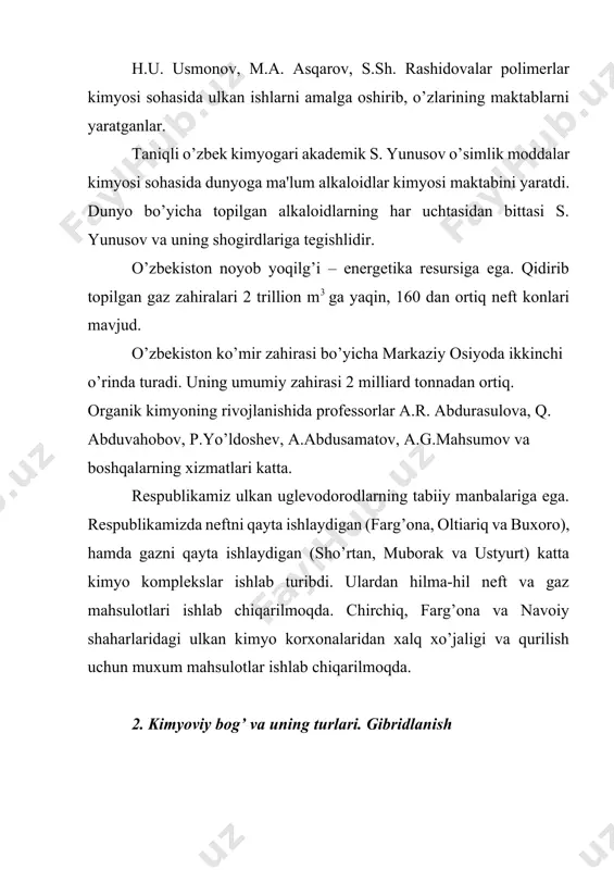 i ushlab turishini tushuntirish uchun uglerodni qo’zg’algan xolatiga murojat qilishimiz kerak. bunda 2s- orbital va uchta 2p - orbital gibridlanishi natijasida to’rtta yangi tashqi orbitallar hosil bo’ladi (kvant mexanikasi postulatiga asosan). to’rtta gibrid orbitallar bir hil energiyaga, xar biri 2sp3 bilan belgilanadi. asosiy holat qo’zg’algan sp3 holat ushbu gibrid orbitallarni asosiy o’qi yadrodan bir hil masofada kesishgan chiziq bo’yicha yo’nalgan bo’lib tetraedrni hosil qiladi. (tetraedr burchagi 109,5o ga teng). shu sababli sp3 gibridlangan uglerod atomini tetraedrik uglerod atomi xam deb ataladi. metan molekulasini tuzilishini yakunlashimiz mumkin. o’zida bittadan elektron tutgan uglerod atomini to’rtta sp3 orbitali, o’zida bitta elektron tutgan vodorodni 1s- orbitali bilan qoplanishi natijasida bog’langan molekulyar orbitallar hosil bo’ladi. metanni keyingi gomologi c2h6 etanni tuzamiz. faraz qilaylik, sp3 orbital bilan uchta vodorod bog’langan, keyin vodorodni qo’shmadik. hosil bo’lgan metil radikallarini biriktirishimiz mumkin. ikkita qoplanayotgan etanni bo’g’lanuvchi molekulyar metil radikali orbitalini c-c fragmenti bunda qisman to’lgan 2sp3 – orbitallar qoplanishi …