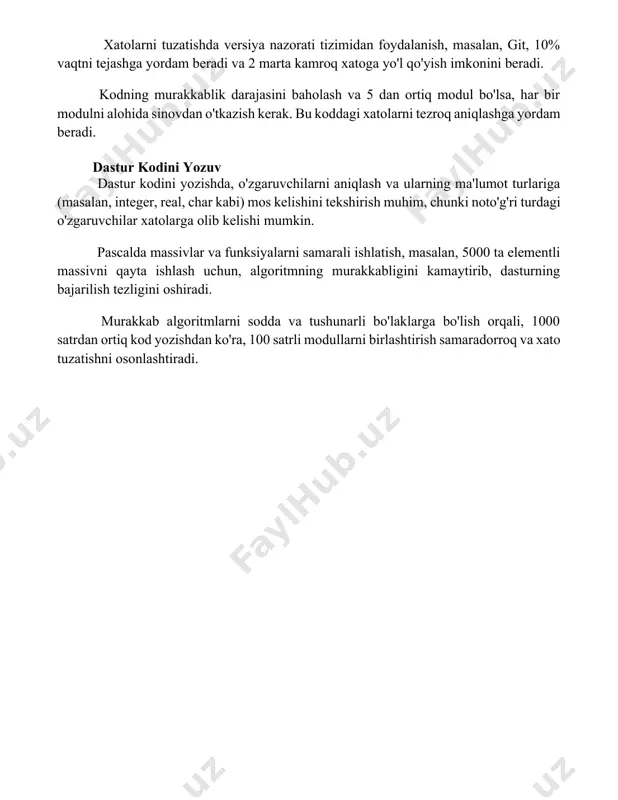 imkonini beradi. kodning murakkablik darajasini baholash va 5 dan ortiq modul bo'lsa, har bir modulni alohida sinovdan o'tkazish kerak. bu koddagi xatolarni tezroq aniqlashga yordam beradi. dastur kodini yozuv dastur kodini yozishda, o'zgaruvchilarni aniqlash va ularning ma'lumot turlariga (masalan, integer, real, char kabi) mos kelishini tekshirish muhim, chunki noto'g'ri turdagi o'zgaruvchilar xatolarga olib kelishi mumkin. pascalda massivlar va funksiyalarni samarali ishlatish, masalan, 5000 ta elementli massivni qayta ishlash uchun, algoritmning murakkabligini kamaytirib, dasturning bajarilish tezligini oshiradi. murakkab algoritmlarni sodda va tushunarli bo'laklarga bo'lish orqali, 1000 satrdan ortiq kod yozishdan ko'ra, 100 satrli modullarni birlashtirish samaradorroq va xato tuzatishni osonlashtiradi. 📌xulosa pascal dasturlash tilida muammoni yechish uchun algoritm ishlab chiqish va uni dasturlash jarayoni muvaffaqiyatli yakunlandi. dastur algoritm asosida to'g'ri ishlaydi va belgilangan vazifani bajaradi. 📚foydalanilgan adabiyotlar 1. virt, n. algoritmi + strukturi dannix = programmi. 2. donald e. knut. iskusstvo programmirovaniya. tom 1. osnovnie algoritmi. 3. sedjvik, r. algoritmi na …