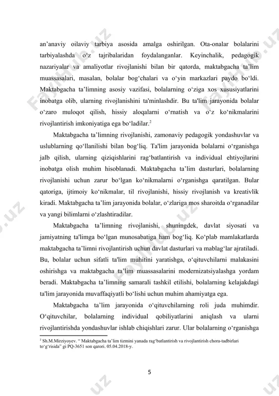 shga yordam beradi. maktabgacha ta’limning samarali tashkil etilishi, bolalarning kelajakdagi ta'lim jarayonida muvaffaqiyatli bo‘lishi uchun muhim ahamiyatga ega. maktabgacha ta’lim jarayonida o‘qituvchilarning roli juda muhimdir. o‘qituvchilar, bolalarning individual qobiliyatlarini aniqlash va ularni rivojlantirishda yondashuvlar ishlab chiqishlari zarur. ular bolalarning o‘rganishga bo‘lgan qiziqishini rag‘batlantirish, ularni o‘z fikrlarini ifoda etishga undash va ijtimoiy ko‘nikmalarini rivojlantirishda yordam berishlari kerak. o‘qituvchilar, shuningdek, bolalar bilan samarali muloqot qilish va ularning hissiy ehtiyojlarini inobatga olishda malakali bo‘lishlari zarur. shu bilan birga, ota-onalar bilan hamkorlik, bolalar tarbiyasida muhim ahamiyatga ega. ota-onalar va o‘qituvchilar o‘rtasidagi samarali muloqot, bolalarning rivojlanishini qo‘llab-quvvatlashga xizmat qiladi.maktabgacha ta’limda o‘yin muhim o‘rin tutadi. o‘yin, bolalar uchun o‘rganishning eng samarali usuli hisoblanadi, chunki u ularga qiziqarli va interaktiv muhitda bilimlarni o‘zlashtirish imkoniyatini beradi. o‘yin orqali bolalar, ijtimoiy ko‘nikmalarni rivojlantiradilar, o‘zaro muloqot qilishni o‘rganadilar va muammolarni hal qilish qobiliyatlarini oshiradilar. o‘yinlar, shuningdek, bolalarning hissiy rivojlanishiga yordam beradi, chunki ular o‘z hissiyotlarini ifoda etish va boshqalar bilan …