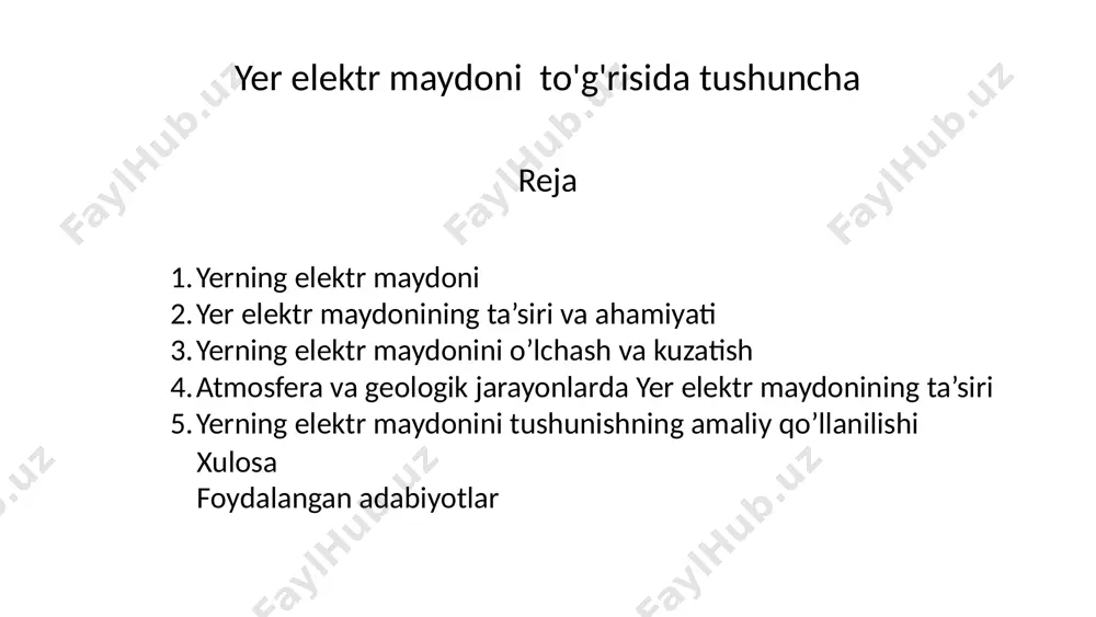 asoslangan asboblar yoki yerga asoslangan magnitometrlar va elektr maydon tegirmonlaridan foydalanishni o'z ichiga oladi. 3 kuzatishlar elektr maydonini shimoliy va janubiy yorug'lik orqali, chaqmoq va boshqa atmosfera hodisalarini o'rganish orqali kuzatish mumkin. 5 yerning elektr maydoniga ta'sir etuvchi omillar kun vaqti fasllar quyosh radiatsiyasi va harorat o'zgarishidagi farqlar tufayli elektr maydonining intensivligi mavsumiy ravishda o'zgarib turadi. geografik joylashuvi elektr maydonining kuchi kun davomida quyosh radiatsiyasi va atmosfera sharoitlari ta’sirida o’zgaruvchanlikni boshdan kechiradi. elektr maydoni balandlik, kenglik va yer xususiyatlari kabi omillarga qarab kuch va yo’nalishda farq qilishi mumkin. 6 atmosfera va geologik jarayonlarda yer elektr maydonining roli zilzilalar elektr maydoni tektonik yoriqlar bo'ylab zaryadning to'planishi tufayli zilzilalarni qo'zg'atuvchi rol o'ynashi mumkin. ob-havo vulqonlar elektr maydoni vulqon otilishida rol o'ynashi mumkin, chunki u magma va gazlarning bosimi va haroratining o'zgarishiga olib kelishi mumkin. zaryadning taqsimlanishi: elektr maydoni va uning o’zgarishlari atmosferadagi zaryadlangan zarrachalarning tarqalishi va harakatiga ta’sir qilishi mumkin, bu ob-havo …