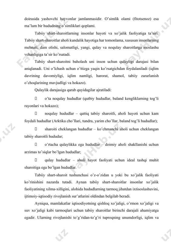 xo’jalik faoliyati ko’rinishini nazarda tutadi. aynan tabiiy shart-sharoitlar insonlar xo’jalik faoliyatining xilma-xilligini, alohida hududlarning tarmoq jihatdan ixtisoslashuvini, ijtimoiy-iqtisodiy rivojlanish sur’atlarini oldindan belgilab beradi. ayniqsa, mamlakatlar iqtisodiyotning qishloq xo’jaligi, o’rmon xo’jaligi va suv xo’jaligi kabi tarmoqlari uchun tabiiy sharoitlar birinchi darajali ahamiyatga egadir. ularning rivojlanishi to’g’ridan-to’g’ri tuproqning unumdorligi, iqlim va hududning suv bilan ta’minlanishi bilan bog’liq. shuningdek, transport va xo’jalikning boshqa sohalari ham tabiiy shart-sharoit ta’siri ostida bo’ladi. ma’lumki, foydali qazilmalarni qazib olishda ularning zaxiralari va sifat xususiyatlarigina emas, balki qazilmaning tannarxi, qazish usuli miqyosiga to’g’ridan-to’g’ri ta’sir qiluvchi yer sathiga chuqur yoki yaqin joylashish sharoiti ham hisobga olinadi. amaliyotda tog’ sanoatida ko’pincha shunday bo’ladiki, eng qimmat emas, arzonroq, ammo qulay tabiiy sharoitda joylashgan konlar ko’proq foyda keltiradi. qurilishning barcha turlari tabiiy sharoitga bog’liq bo’ladi. hududning tabiiy ko’rsatkichlari shahar kommunal xo’jaligini tashkil qilishga ham sezilarli ta’sir ko’rsatadi. issiqlik, suv ta’minoti, kanalizatsiya, uylarni isitish va yoritish tizimi va ularning qurilish harajatlari iqlim hamda …