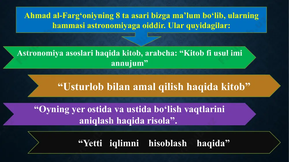 jak manzarasini bilish uchun geometrik-kinematik usul qabul qilib olinishida usturlob (astrolyabiya) asbobining ahamiyati haqida, uning nazariyasini yaratadi. bu stereografik proeksiyalar nazariyasi edi. al-farg‘oniyning bu kashfiyoti keyingi davr astronomik-matematik nazariyalarning barchasiga asos bo‘lib xizmat qiladi. al-farg‘oniy yer ekvatorida quyosh ikki marta bahorgi va kuzgi teng kunliklarida zenitda bo‘lishini, osmon qutblari gorizont tekisligida yotishini, qutblarda kecha qishga, kunduz yozga 6 oydan teng bo‘lishlaririni ham ko‘rsatib bergan. al-farg‘oniy qohira yaqinidagi rauza orolida o‘zining o‘lchov ishlarini olib borgan, u nil daryosi gidrometerologik tabiatini aniqlab beruvchi nilometrni ham quradi, bu nilometr bugungi kungacha ishlab kelmoqda. ahmad al-farg‘oniy tavalludining 1200 yilligini nishonlash to‘g‘risida aniq fanlar rivojiga beqiyos hissa qo‘shgan ulug‘ vatandoshimiz, qomusiy alloma ahmad al-farg‘oniy ilmiy merosining xalqimiz ma’naviy-madaniy hayotidagi o‘rnini, alloma tavalludining 1200 yilligi yuneskoning 1998-yildagi tadbirlari rejasiga kiritilganligini hisobga olib hamda uning merosini avaylab-asrash va avlodlarga to‘la yetkazishga keng yo‘l ochish maqsadida vazirlar mahkamasi qaror qiladi: 1. o‘zbekiston respublikasi fanlar akademiyasi, farg‘ona viloyati hokimligi, …