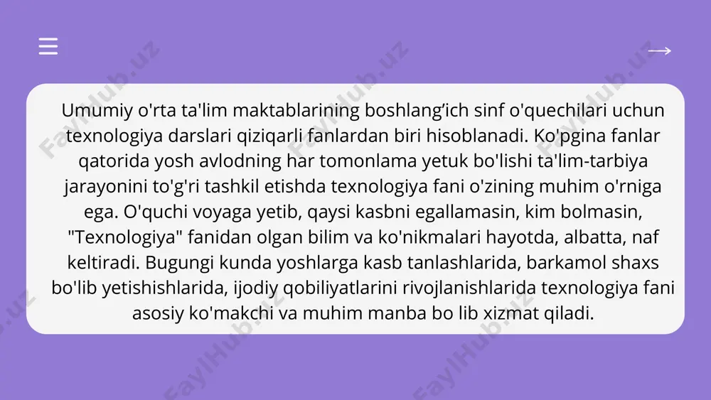 ari o'quvchilarda ijodkorlik, yaratuvchanlik kabi fazilatlarni shakllanishi, o'quvchilarda ishga ijodiy yondashish, o'z-o'zini boshqarish, ishdagi kamchiliklarni o'z vaqtida topish, o'z- o'ziga talabchan bo'lish, maqsadga intilish, mustaqil ishlash kabi xislatlarni namoyon bo'lishiga hamda ijodiy qobiliyatlarini oshirishga yordam beradi. biz bilamizki boshlang'ich sinflarda texnologiya darslari amaliy tarzda o'tkaziladi va dars jarayonida o'qu vchilar ham amaliy ham nazariy bilim, ko'nikma va malakalarni egallab boradilar. boshlang'ich sinf texnologiya darslarining asosiy shakli bu - amaliy mashg'ulot hisoblanadi. amaliy mashg'ulot deganda o'quvchilarning o'quv materialini faol ongli va mustahkam o'zlashtirish maqsadida mehnat o'qituvchisi rahbarligida amalga oshiriladigan ham jamoa, ham yakka tartibdagi ish turlarini o'z ichiga oladigan o'quv mehnat faoliyatini aniq tashkil etishni tushunish kerak. umumta’lim maktablarida ijodkorlik-hunarga yo‘naltirishga asoslangan darsdan tashqari mashg‘ulotlarni tashkil qilishda o‘quvchilarning yosh, ruhiy, individual xususiyatlarini hisobga olgan holda, ularni mehnat ta’limi va ijodkorlikga yo‘naltirishda o‘simliklarni parvarish qilish, hunarmandchilik jihozlari bilan tanishtirish va ishlov berishda mehnat ko‘nikma va malakalari shakllantirilib borildi. e’tiboringiz uchun rahmat☺️ kimda …