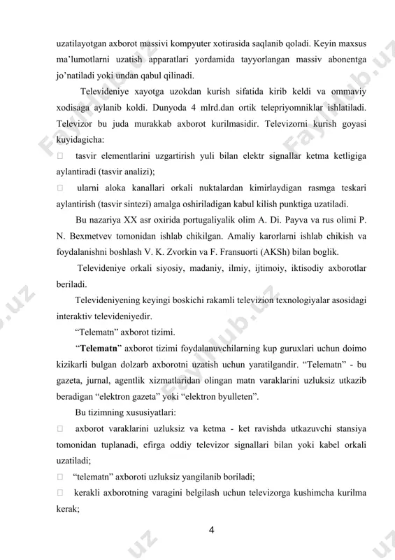deokonferens aloka va videokonferensiyalar. insoniyat jamiyati ba’zi bir murakkab masalalarni yechish, odamlarni ma’lum bir jamoaga tuplanishini talab etadi. bu maksadda mukammalrok tizimlar inson mulokotining urnini bosa olmaydi, lekin ular ishtirokining samarasini tashkil kilishga va ijodiy faoliyatni avtomatlashtirishga imkon yaratadi. videokonferensiyalar masofadagi vizual gurux mulokotini tashkil etishda, majlis, ta’lim utkazishlarning eng yangi axborot texnologiyasidir. bu texnologiya muassasa devorlari va masofalar bilan bir - biridan bulingan kuplab shaxslarni bir vaktning uzida mulokotiga imkon beradi. zamonaviy axborot texnologiyalarining texnik va dasturiy vositalari. kundalik hayotimizda turli ko’rinishdagi axborotlar masalan, matnli, grafikli, jadvalli, ovozli(audio), rasmli, tasvirli(video) va boshqa axborotlar bilan ishlashga to’g’ri keladi. axborot texnologiyasi biror obyekt, jarayon yoki hodisaning holati haqidagi axborotlarni to’plash, qayta ishlash va uzatishni amalga oshiruvchi jarayondir. zamonaviy axborot texnologiyalari–shaxsiy kompyuterlar va telekommunikasiya vositalaridan foydalanilgan holdagi zamonaviy muloqotni o’rnatuvchi axborot texnologiyasi hisoblanadi. har bir turdagi axborot bilan ishlash uchun har xil texnik tavsifnomalarga ega bo’lgan axborot qurilmalari kerak bo’ladi. bu axborot …
