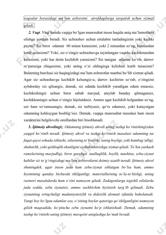 uzatib turadi. ijtimoiy ahvol shuningdek, agar inson juda kam zebu-ziynat ishlatgan bo‘lsa ham, ammo kiyimining qanday bichuvda tikilganligi, materiallarning to‘la-to‘kisligi, uning razmeri masalalarda ham o‘zini namoyon qiladi. zadagonlarga tegishli oilalarda juda sodda, zebu ziynatsiz, ammo xushbichim kiyiinish targ‘ib qilinadi. zebu ziynatning ortiqchaligi madaniyatsizlik va didsizlik alomati sifatida baholanadi. yangi boy bo‘lgan odamlar esa, o‘zining boylar qatoriga qo‘shilganligini namoyon qilish maqsadida, ko‘pincha zebu ziynatni ko‘p ishlatishadi. demak, odamning tashqi ko‘rinishi uning ijtimoiy mavqeini aniqlashga ko‘mak beradi. 4. yaqinlikni ko‘rsatuvchi alomatlar. inson boshqa insonlar bilan bo‘ladigan o‘z muloqotida ularning nechog‘li o‘ziga yaqinligini ko‘rsatuvchi alomatlarni ham bildirib turadi. masalan, qo‘l berib salomlashish, quchoqlashish, yelkaga urib qo‘yish. toshkentlik yigit-qizlar hech qachon o‘zaro qo‘l berib so‘rashmaydilar. ammo viloyatlardan kelgan yigit-qizlar orasida qo‘l berib salomlashish urf-odati keng tarqalgan. shu bois, viloyatdan kelgan yigit toshkentlik qizga qo‘lini uzatib, salomlashmoqchi bo‘lsa, qiz bola uning qo‘lini olmasligi tabiiy. chunki toshkentlik qiz bu narsani behurmatlik alomati hisoblaydi. viloyatdan kelgan yigit …