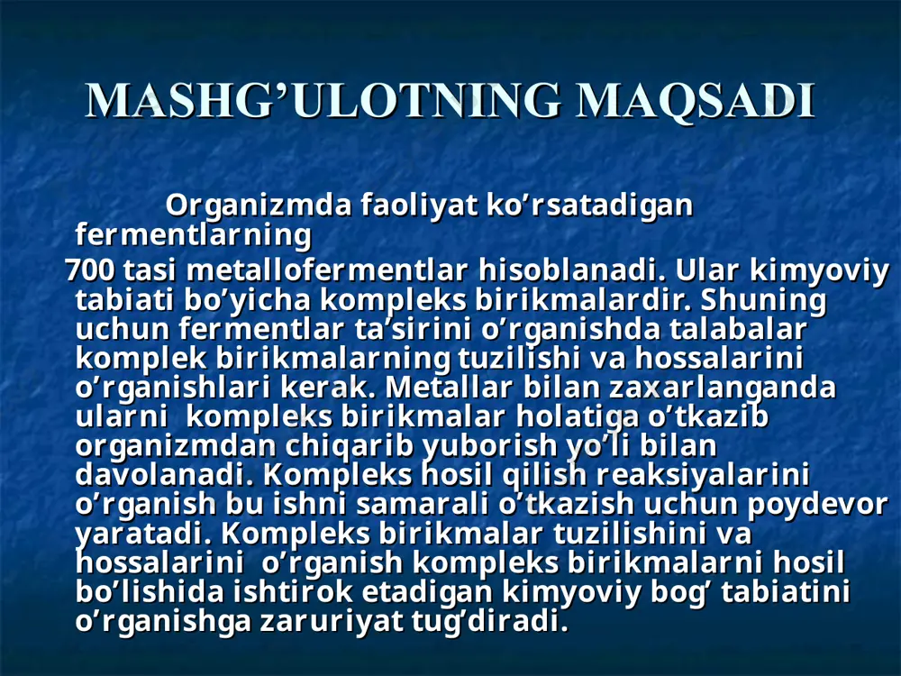 silanishi k3[fe(cn)6] = 3k+ + [fe(cn)6]3- [cu(nh3)4]so4 = [cu(nh3)4]2+ + so42- [ag(nh3)2]cl = [ag(nh3)2]+ + cl- kompleks birikmalarning ikkilamchi dissotsilanishi komplekslarning dissotsilanishi - (yoki erituvchi molekulalarida ligandlar almashinuvi reaksiyasi) beqarorlik konstantasi kbeq bilan ta’riflanadi. * [ag(nh3)2]+ [ag(nh3)]+ + nh3 [ag(nh3)]+ ag+ + nh3 [ag+] [nh3]2 kbeq = = 9,3.10-8 [ [ag(nh3)2]+ ] [ag(nh3)2]+ ag+ + 2nh3 ayrim kompleks ionlarning beqarorlik konstantalari * kompleks ion beqarorlik konstantasi [fe(cn)6]3- 1,0 . 10–31 [fe(cn)6]4- 1,0 . 10–36 [co(nh3)6]2+ 7,75 . 10–6 [ag(nh3)2]+ 9,31 . 10–8 [cu(nh3)4]2+ 2,14 . 10–13 [zn(oh)4]2– 3,6 . 10–16 polidentat ligandlar * edta etilendiamin en xelat komplekslar * «xelat» termini 1920 y. morgan va dryu ichki kompleks birikmalar (ikb) * ch2 с oh nh2 .. glitsin o cu ch2 с o nh2 .. o ch2 с h2n .. o o ichki kompleksli birikmalar polidentat ligandar bilan kompleks hosil qiluvchi metal ioni organik birikma tarkibidagi vodorod atomi bilan birikib, shu …