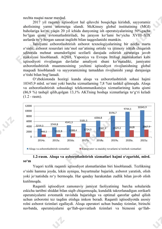 bosqichi axborot texnologiyalari segmenti yo‘nalishining texnik bazani rivojlantirishdan strategik ustunlik yaratish uchun ochiq vositalar qo‘llash tomon o‘zgarishi bilan tavsiflanadi. vaqt bosqichlariga bo‘lish ularga muvofiq amalga oshiriladigan ma’lumotlarni qayta ishlashning har xil turlaridan foydalangan holda axborot texnologiyalarini rivojlantirishga bir nechta nuqtai nazar mavjud. 2017 yil raqamli iqtisodiyot hal qiluvchi bosqichga kirishdi, sayyoramiz aholisining yarmi internetga ulandi. mckinsey global institutining (mgi) baholariga ko‘ra, yaqin 20 yil ichida dunyoning ish operatsiyalarining 50%gacha bo‘lgan qismi avtomatlashtiriladi, bu jarayon ko‘lami bo‘yicha xviii–xix asrlarda ro‘y bergan sanoat inqilobi bilan taqqoslanishi mumkin. jamiyatni axborotlashtirish axborot texnologiyalarining bir necha marta o‘sishi, axborot resurslari iste’mol sur’atining ortishi va ijtimoiy ishlab chiqarish sektorida mehnat unumdorligini sezilarli darajada oshirish zaruratiga javob reaksiyasi hisoblanadi. aqsh, yaponiya va evropa ittifoqi mamlakatlari kabi iqtisodiyoti rivojlangan davlatlar amaliyoti shuni ko‘rsatadiki, jamiyatni axborotlashtirish muammosining yechimi iqtisodiyot rivojlanishning global maqsadi hisoblanadi va sayyoramizning tamaddun rivojlanishi yangi darajasiga o‘tishi bilan bog‘lanadi. o‘zbekistonda hozirgi kunda aloqa va axborotlashtirish sohasi …