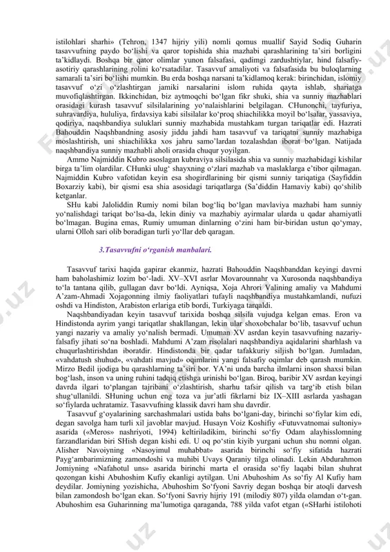 i rasmu rusumga ergashuvchi demak, ammo mutarasmlar darveshlarning odatlariga zohiran taqlid qilsalar-da, botinan hol talabgoridirlar va shu toifiga ixloslari tufayli fayzdan bahramanddirlar. muhaqqiqlar – haqqa yetganlar, ularni oliy martabali so‘fiylar deb ta’riflash mumkin. haqiqiy avliyolar, shayxi murshidlar shular ichidan yetishib chiqqan. bu o‘rinda muhaqqiq so‘fiylarning najib sifatlari xususida to‘xtab o‘tish joiz deb hisoblaymiz. avvalo, shuni ta’kidlash kerakki, chin so‘fiy o‘zlikdan va foniy dunyolan kechgan va haq baqosida o‘zligini qayta topgan zot bo‘lib, suratda bandayu, ma’nida ozod kishidir. surat – tashqi ko‘rinishda banda bo‘lish – jism-tanani iloh toatiga bag‘ishlash bo‘lsa, ma’nida ozodlik-botinni barcha aloqalardan tozalab, ruhni hur va pok saqlash demak. so‘fiyga hech bir narsa va hech bir kishi qaram bo‘lmasligi; uning o‘zi ham hech bir narsaning va hech bir odamning qarami bo‘lmsaligi kerak. bahouddin naqshband aytganlariday: hechi mo neyu hechi mo kam ne, az payi hech-hechi mo g‘am ne, janda bar pushtu pusht-go‘riston, ro‘ze ki mirem hech motam ne. ma’nosi: …