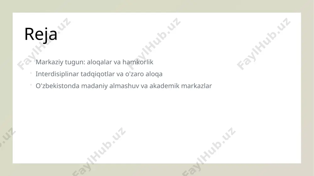 lar yaratib, o'zaro anglashuvni kuchaytiradi va ijodiy yechimlar ishlab chiqadi. 4 innovatsion yechimlar interdisiplinar aloqalar innovatsion yechimlarni yaratishda muhimdir, chunki ularning natijalari, turli sohalarning bilimlarini birlashtirib, yangi g'oyalarni shakllantiradi. madaniy almashuv: markaziy tugun orqali global aloqalarni kuchaytirish. 1 madaniyatlararo aloqalar madaniyatlararo aloqalar global miqyosda aloqalarni kengaytiradi, yangi g'oyalar va qadriyatlar almashinuvi orqali jamoalar o'rtasida tushunishni kuchaytiradi. 2 o'zbekistonning roli o'zbekiston, uning strategik joylashuvi bilan, madaniy almashuvlarni qo'llab-quvvatlab, markaziy osiyo va boshqa mintaqalarda aloqalarni kuchaytiradigan muhim markazdir. 3 innovatsiyalar va yaratuvchilik madaniy almashuv innovatsiyalarni rag'batlantiradi, turli madaniyatlar o'rtasida tajriba almashish orqali yangi fikrlar va yaratuvchanlikni rivojlantiradi. 4 kelajak istiqbollari madaniy almashuvlar global aloqalarni kuchaytirishda davom etadi, bu esa o'zaro tushunish va hamkorlikni yangi ufqlarga olib chiqish imkoniyatini beradi. interdisiplinar tadqiqotlarning ahamiyati va foydalari. 1 interdisiplinar yondashuv interdisiplinar tadqiqotlar ilm-fan, texnologiya va san'at o'rtasida yangi yondashuvlar yaratadi, innovatsiyalarni tezlashtiradi va muammo yechimini osonlashtiradi. 2 ilmiy hamkorlik turli sohalarning mutaxassislari o'rtasida hamkorlik, bilimlar …