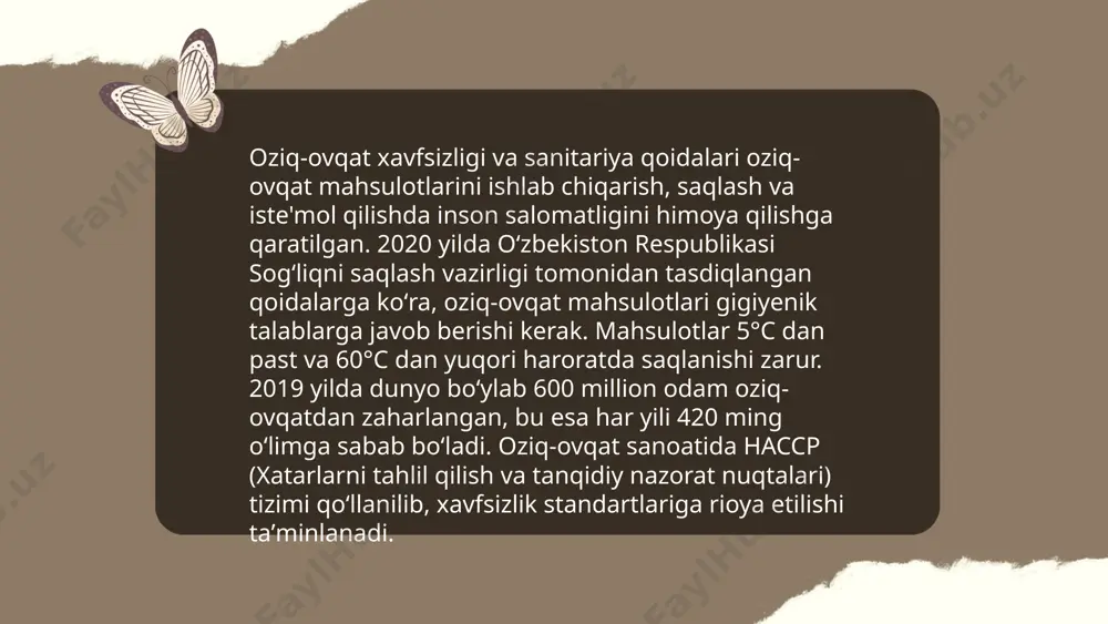 arni yuvish tavsiya etiladi. bu amaliyot kasalliklar tarqalishini kamaytirishga yordam beradi va umumiy sog‘liqni saqlashni yaxshilaydi. ... t.me/slaydai_bot tovuq va go'sht mahsulotlaridan zaharlanish ko'p hollarda salmonella va kampilobakter kabi bakteriyalar tufayli yuzaga keladi. jahon sog'liqni saqlash tashkilotining ma'lumotiga ko'ra, dunyo bo'ylab yillik oziq-ovqat zaharlanishi holatlarining taxminan 70% go'sht va parrandachilik mahsulotlari bilan bog'liq. har yili 600 million odam oziq-ovqat orqali zaharlanadilar, va 420 ming kishi hayotdan ko'z yumadi. tovuq va go'shtni kamida 74°c haroratda pishirish tavsiya etiladi, bu esa bakteriyalarni yo'q qiladi. shuningdek, xom go'sht va tayyor oziq-ovqatni alohida saqlash orqali ham zaharlanish xavfini kamaytirish mumkin. ... t.me/slaydai_bot 10. sut va sutdan tayyorlangan mahsulotlardan zaharlanish sut va sut mahsulotlari bilan zaharlanish ko'pincha noto'g'ri saqlash yoki bakteriyalar, masalan, listeria va salmonella tufayli sodir bo'ladi. o'zbekistonda sut mahsulotlari iste'moli yuqori bo'lib, sanitariya me'yorlariga rioya qilinmasligi zaharlanish xavfini oshiradi. har yili dunyoda sut mahsulotlari bilan bog'liq oziq-ovqat zaharlanishi hollari 10-20% tashkil etishi mumkin. …