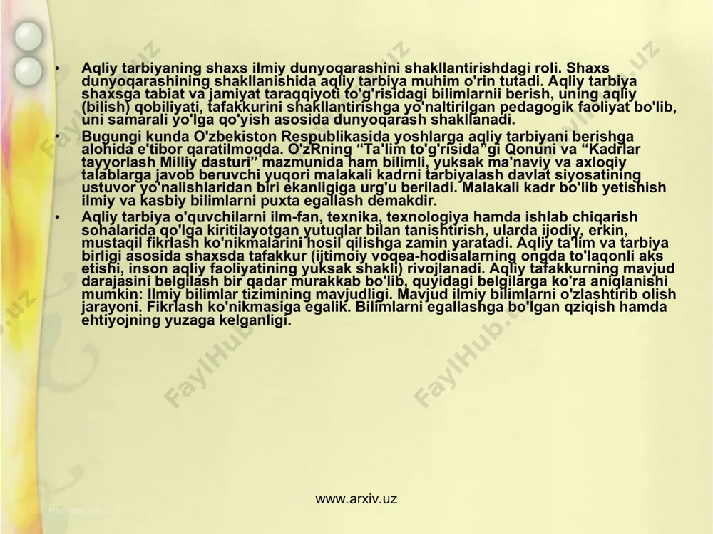 a ilmiy yondashuvni anglatadi. ekologik tarbiya ta'lim oluvchilarning tabiat va insonning o'zaro harakatining ilmiy asoslarini egallaganliklari bilan bog'liq. uning maqsadi – atrof-muhit holati uchun shaxsning axloqiy mas'uliyatini tarbiyalash, barcha faoliyat turlarida ular haqida domiy g'amxo'rlik zaruriyatini anglashga yo'naltirilgan ilmiy bilimlar, qarashlar, e'tiqodlar tizimini shakllantirish. www.arxiv.uz www.arxiv.uz ekologik tarbiyaning vazifalari quyidagilarda aks etadi: tabiat haqidagi asosiy tushunchalar va ilmiy dalillarni o'zlashtirish; jamiyat va har bir insonning moddiy va ma'naviy quvvati manbai sifatida tabiatning ko'p qirrali ahamiyatini tushunib yetish; amaliy bilimlar hamda atrof-muhitning holatini o'rganish va baholash ko'nikmalarini egallash; tabiat bilan muloqot ehtiyojlarini, tabiatdagi xulq-atvor me'yorlariga ongli amal qilishni rivojlantirish; tabiiy va o'zlashtirilgan atrof-muhitni yaxshilash bo'yicha faoliyatni faollashtirish. ekologik tarbiya o'quvchilar dunyoqarashini shakllantirishning tarkibiy qismi. “ekologiya” tushunchasi ilk bor nemis olimi e.gekkel tomonidan qo'llanilgan. ekologik tarbiya ijtimoiy tarbiyaning muhim tarkibiy qismi hisoblanadi. ekologik tarbiya (grekcha “oikos” – turar joy, makon, “logos” – fan) o'quvchilarga dastlabki ekologik bilimlarni berish, mavjud ekologik bilimlarini boyitish, …
