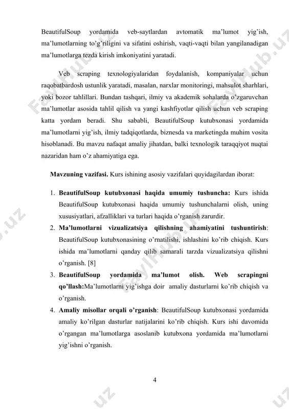 oddiy python ob'ektlariga (masalan, ro’yxatlar, lug’atlar) aylantirish imkoniyatini beradi. 2. elementlarga qulay kirish: beautifulsoup yordamida html yoki xml hujjatidagi elementlarga osonlik bilan kirish va ularni o’zgartirish mumkin. bu kutubxona taglar (masalan, , , ) va atributlar (masalan, href, class) bo’yicha manipulyatsiya qilishga imkon beradi. 3. chiroyli sintaksis: beautifulsoup html yoki xml kodlarini qayta tahlil qilganda sintaksisni soddalashtirib beradi, bu esa kodni o’qishni va tushunishni osonlashtiradi. 4. kengaytirilgan qidiruv imkoniyatlari: sizga html yoki xml fayllaridagi teglar, atributlar va matnni aniqlash uchun bir qancha metodlar (masalan, find(), find_all(), select()) taqdim etiladi. uning asosiy afzalliklari: sodda api: html hujjatlarini parsing (tahlil qilish) va tegishli ma’lumotlarni olish uchun oson interfeys. ko’p formatlarni qo’llab-quvvatlash: html va xml hujjatlari bilan ishlashni qulay qiladi. ma’lumotlarni tahlil qilish: beautifulsoup veb sahifalardan ma’lumotlarni tahlil qilishda juda samarali. beautifulsoup va requests kutubxonalari bilan ishlash veb sahifalardan ma’lumot olish uchun avvalo sahifa kodini olish kerak. buning uchun requests kutubxonasi yordamida http …