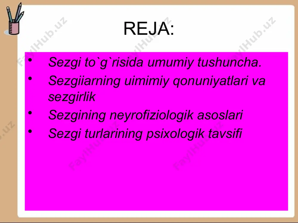 arning xususiyat­larini aks ettirishga moslashgan hamda retseptorlarga gavdaning tashqi qismiga joylashgan sezgilar, ya`ni eksterio-retseptiv sezgilar (retseptorlar); ichki a`zolar holatlarini in`ikos etuvchi hamda retseptorlari ichki a`zolarida, to`qimalarida joylashgan sezgilar, ya`ni interoretseptiv sezgilar; gavdamiz va tanamizning holati hamda harakatlari haqida ma`lumot beruvchi, muskullarda, bog`lovchi paylarda, mushaklarda joylashgan sezgilar, ya`ni proprioretseptiv sezgilar. sezgi to`g`risida umumiy tushuncha. sezgiiarning uimimiy qonuniyatlari va sezgirlik sezgilar o`zlariga adekvat mos bo`lgan qo`zg`atuvchilarni aks ettirish shakllaridan biri hisoblanuvchi bilish jarayonidir. ko`rish sezgisining adekvat qo`zg`atuvchisi havo to`lqini uzunligi 380 dan 770 millimikron diapazondagi clektromagnit nurlanishidan iboratdir. bu elektromagnit nurlanishlar ko`rish analizatorlarida ko`rish sezgisini vu­judga keltiruvchi asab jarayoniga aylanadi. eshitish sezgilarining tebranish chastotasi 16 dan 20000 gacha bo`lgan tovush to`iqinlari ta`sirining retseptorlarida aks etishidir. taktil sezgilari mexanik qo`zg`atuvchilarning teri yuzasidan ta`siri natijasida hosil bo`ladi. karlar uchun alohida ahamiyatga ega bo`lgan tebranishni aks ettirish sezgilari narsalarning tebranishlarini in`ikos qilish orqali yuzaga keladi. boshqa turdagi sezgilar ham o`zlarining maxsus qo`zg`atuvchilariga egadirlar. sezgining neyrofiziologik …